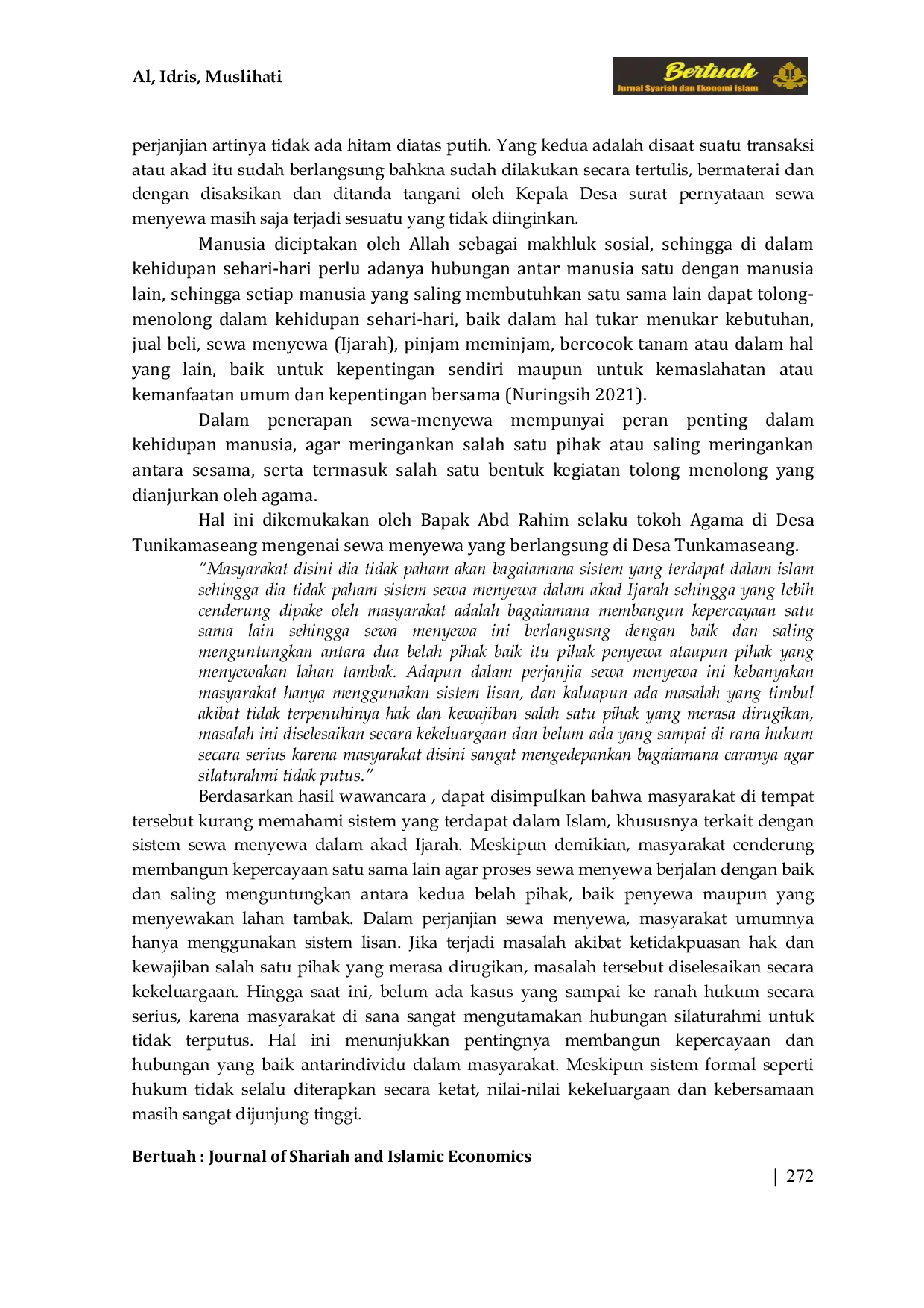 JURIS Analisis Implementasi Ijarah pada Usaha Mappajak Empang di Desa Tunikamaseang Kabupaten Maros dalam Perspektif Ekonomi Syariah