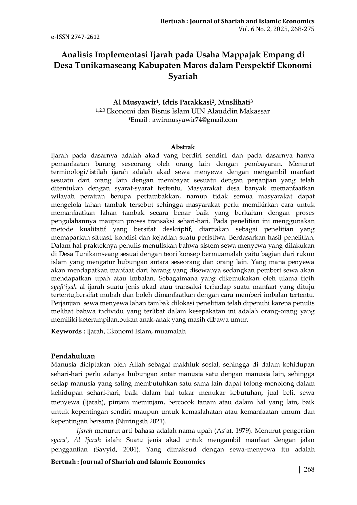 JURIS Analisis Implementasi Ijarah pada Usaha Mappajak Empang di Desa Tunikamaseang Kabupaten Maros dalam Perspektif Ekonomi Syariah
