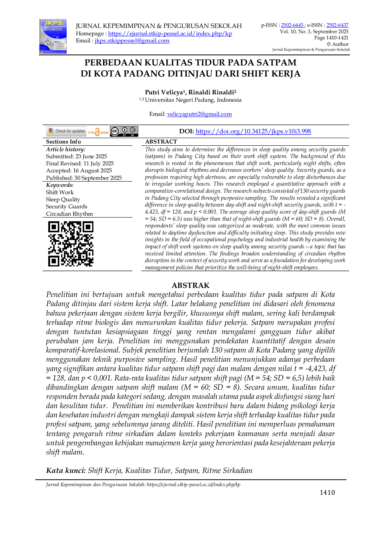 JURIS Perbedaan Kualitas Tidur Pada Satpam Di Kota Padang Ditinjau Dari Shift Kerja
