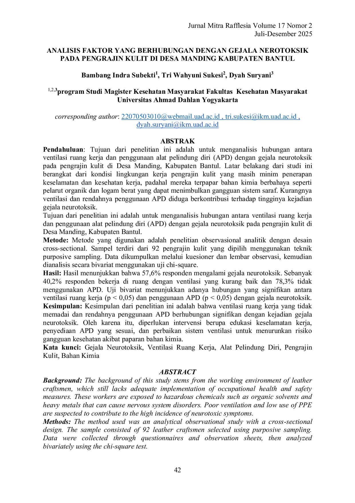 JURIS Analisis Faktor yang Berhubungan dengan Gejala Neurotoksik pada Pengrajin Kulit di Desa Manding Kabupaten Bantul