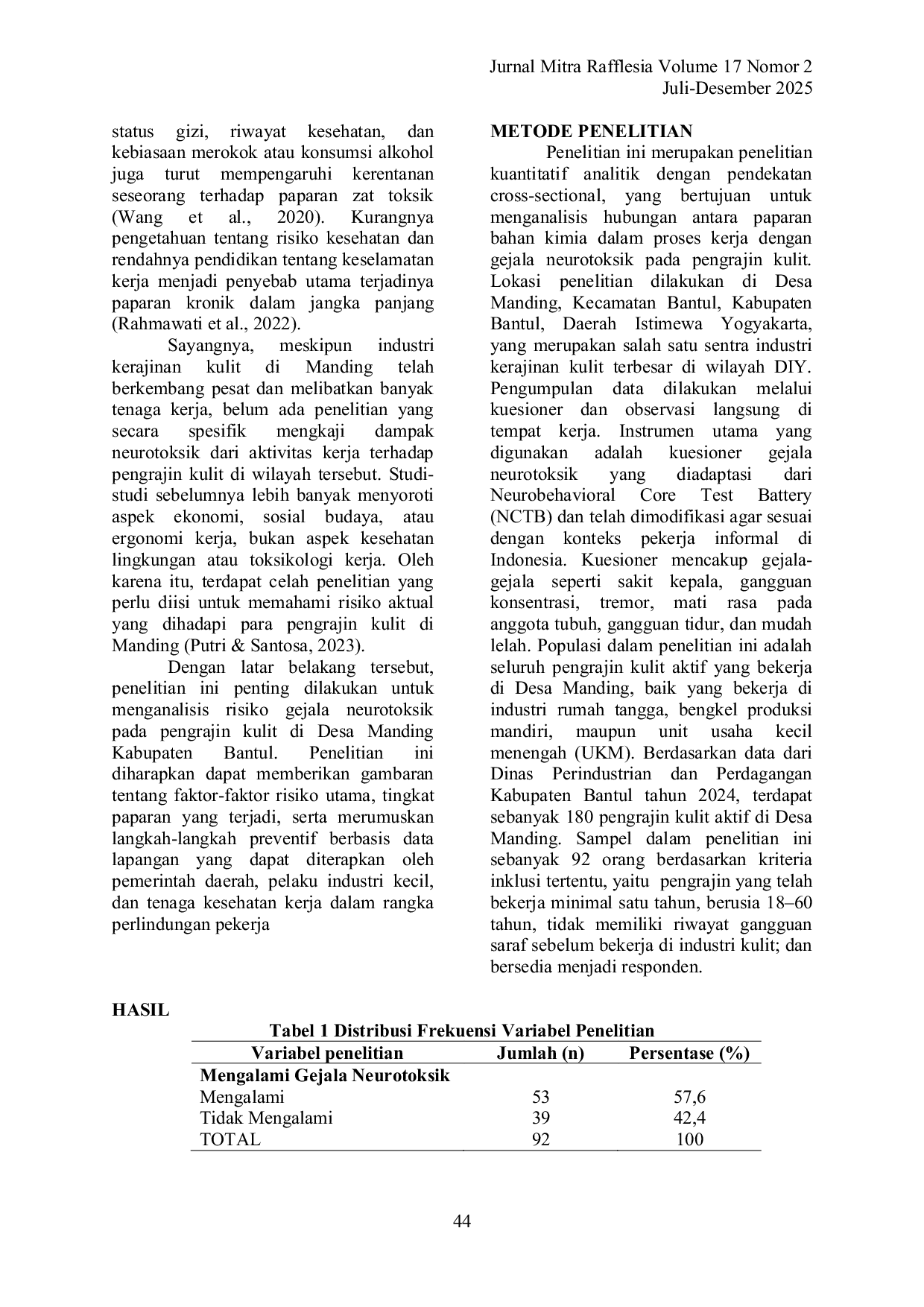 JURIS Analisis Faktor yang Berhubungan dengan Gejala Neurotoksik pada Pengrajin Kulit di Desa Manding Kabupaten Bantul