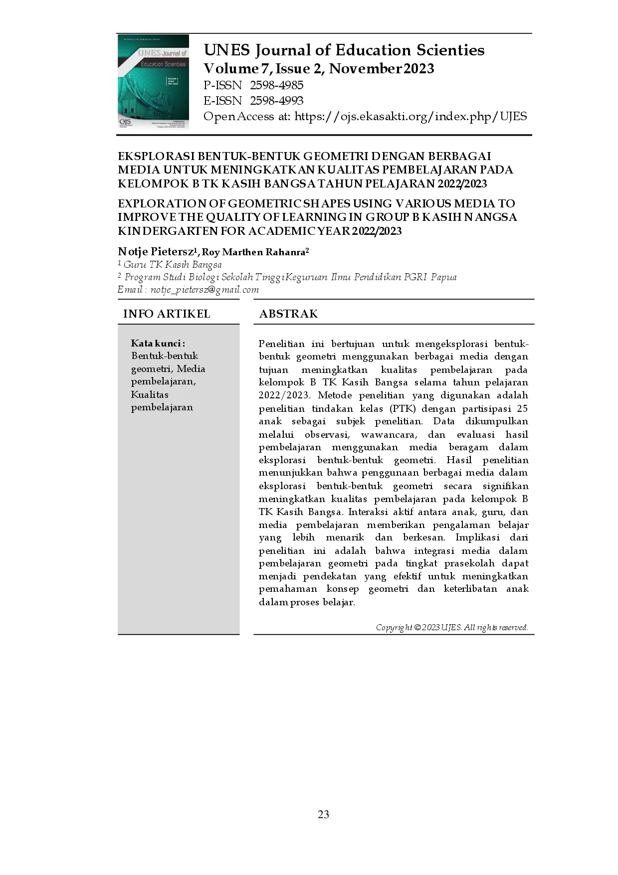 juris Eksplorasi Bentuk Bentuk Geometri Dengan Berbagai Media Untuk Meningkatkan Kualitas Pembelajaran Pada Kelompok B Tk Kasih Bangsa Tahun Pelajaran 2022 2023