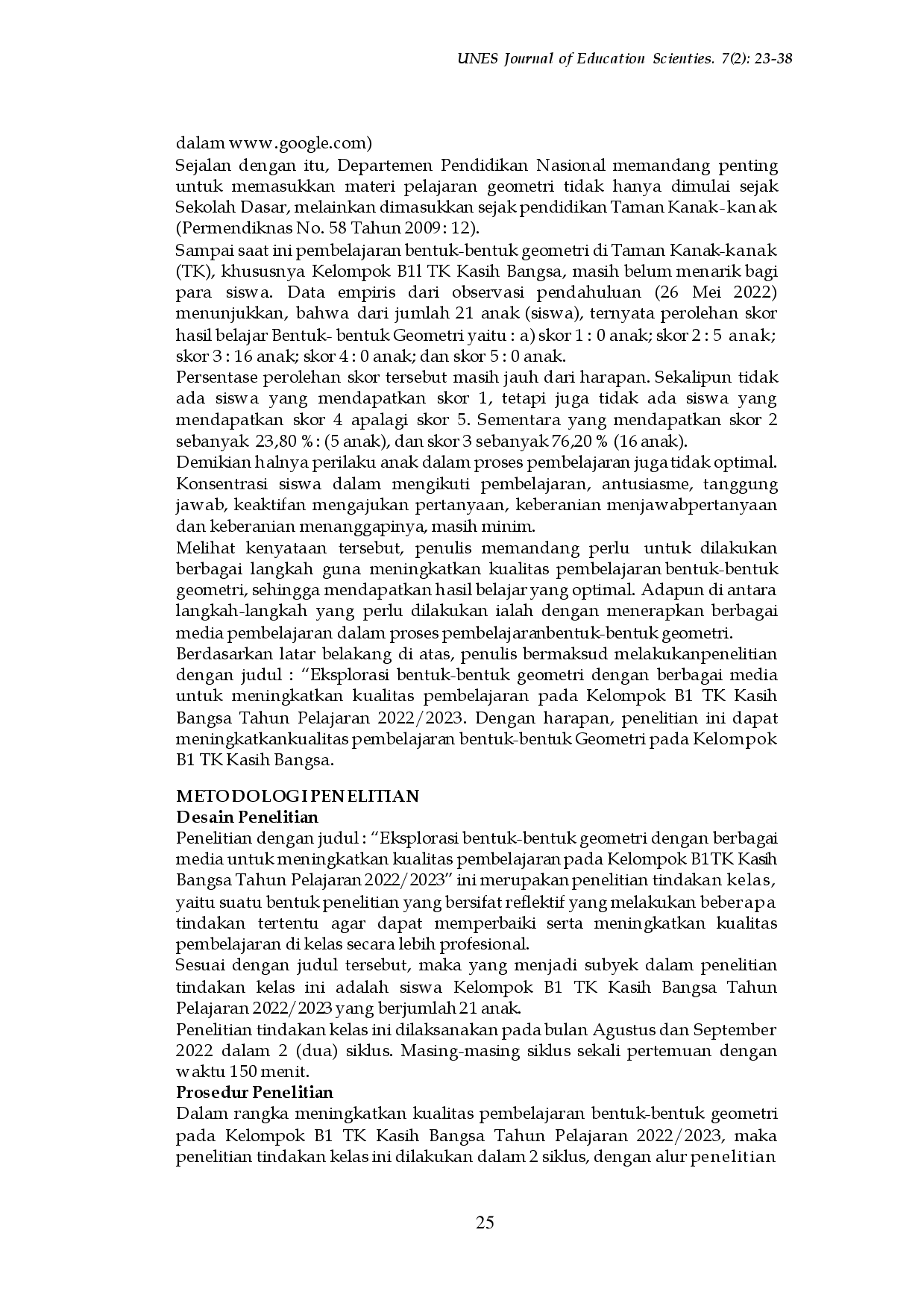 juris Eksplorasi Bentuk Bentuk Geometri Dengan Berbagai Media Untuk Meningkatkan Kualitas Pembelajaran Pada Kelompok B Tk Kasih Bangsa Tahun Pelajaran 2022 2023