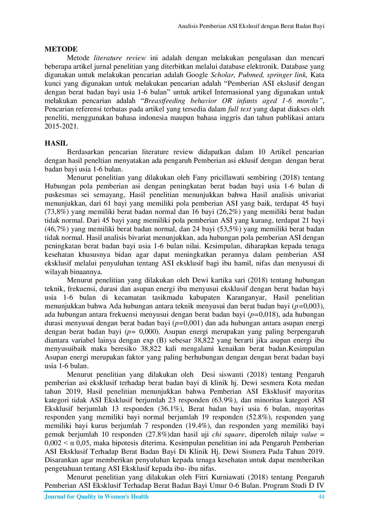 JURIS Analisis pemberian ASI Ekslusif dengan Berat Badan Bayi Usia 1 6 Bulan