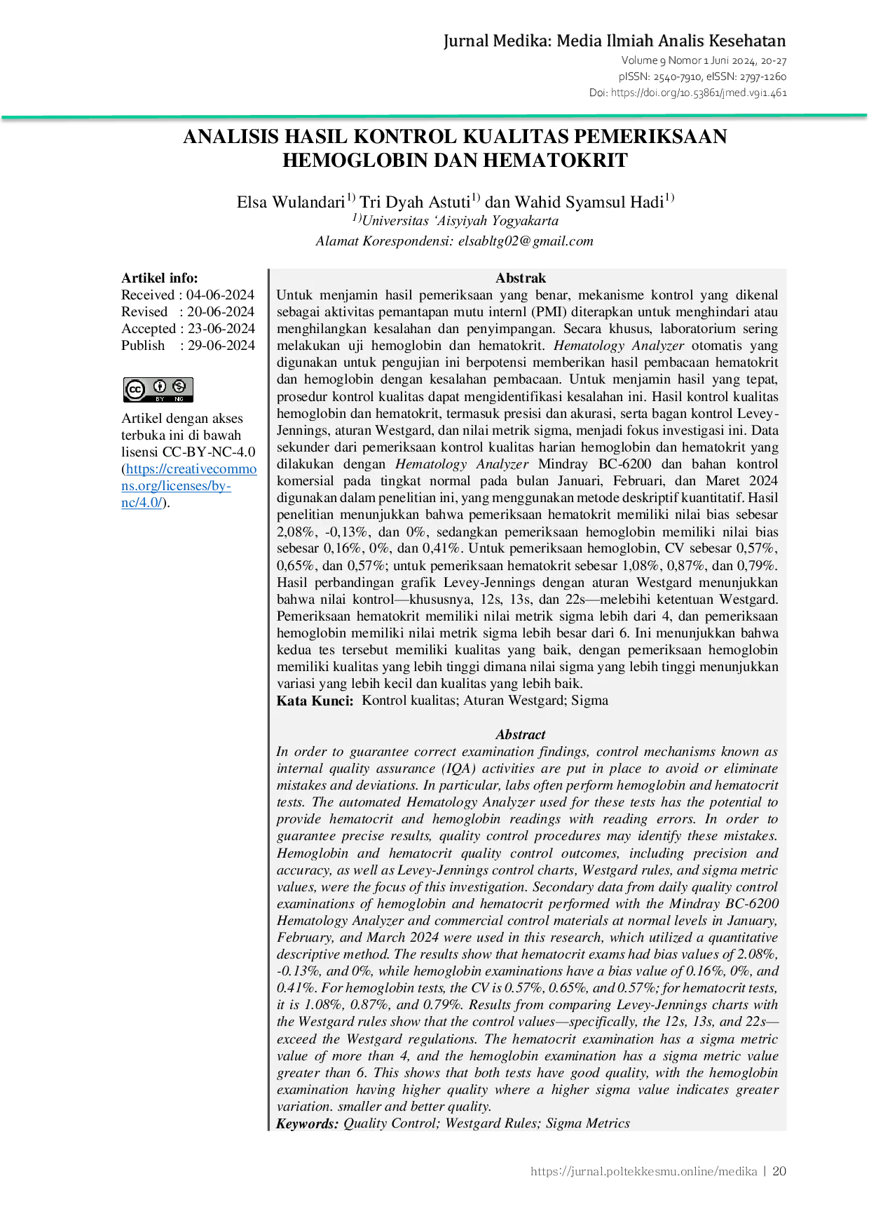 JURIS Analisis Hasil Kontrol Kualitas Pemeriksaan Hemoglobin Dan Hematokrit