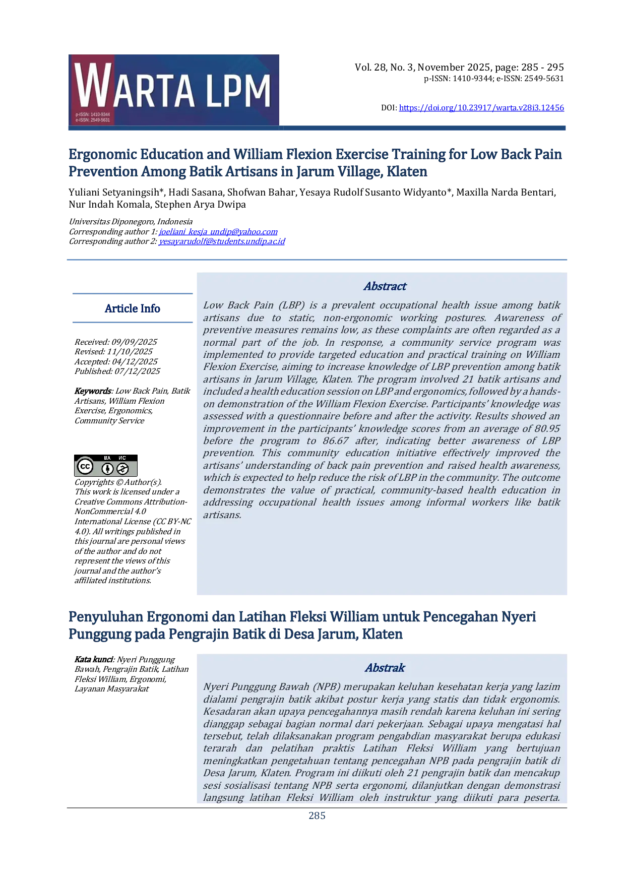 JURIS Ergonomic Education and William Flexion Exercise Training for Low Back Pain Prevention Among Batik Artisans in Jarum Village Klaten
