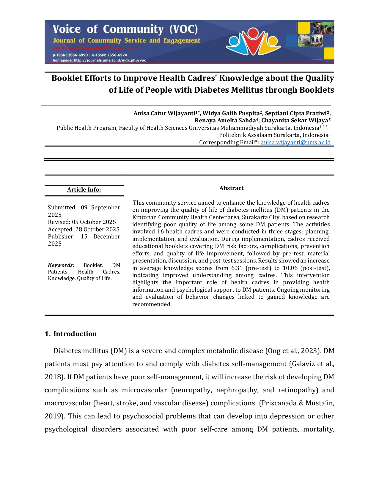 JURIS Booklet Efforts to Improve Health Cadres Knowledge about the Quality of Life of People with Diabetes Mellitus through Booklets