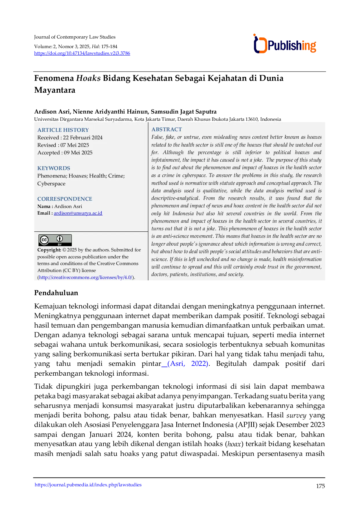 JURIS Fenomena Hoaks Bidang Kesehatan Sebagai Kejahatan di Dunia Mayantara