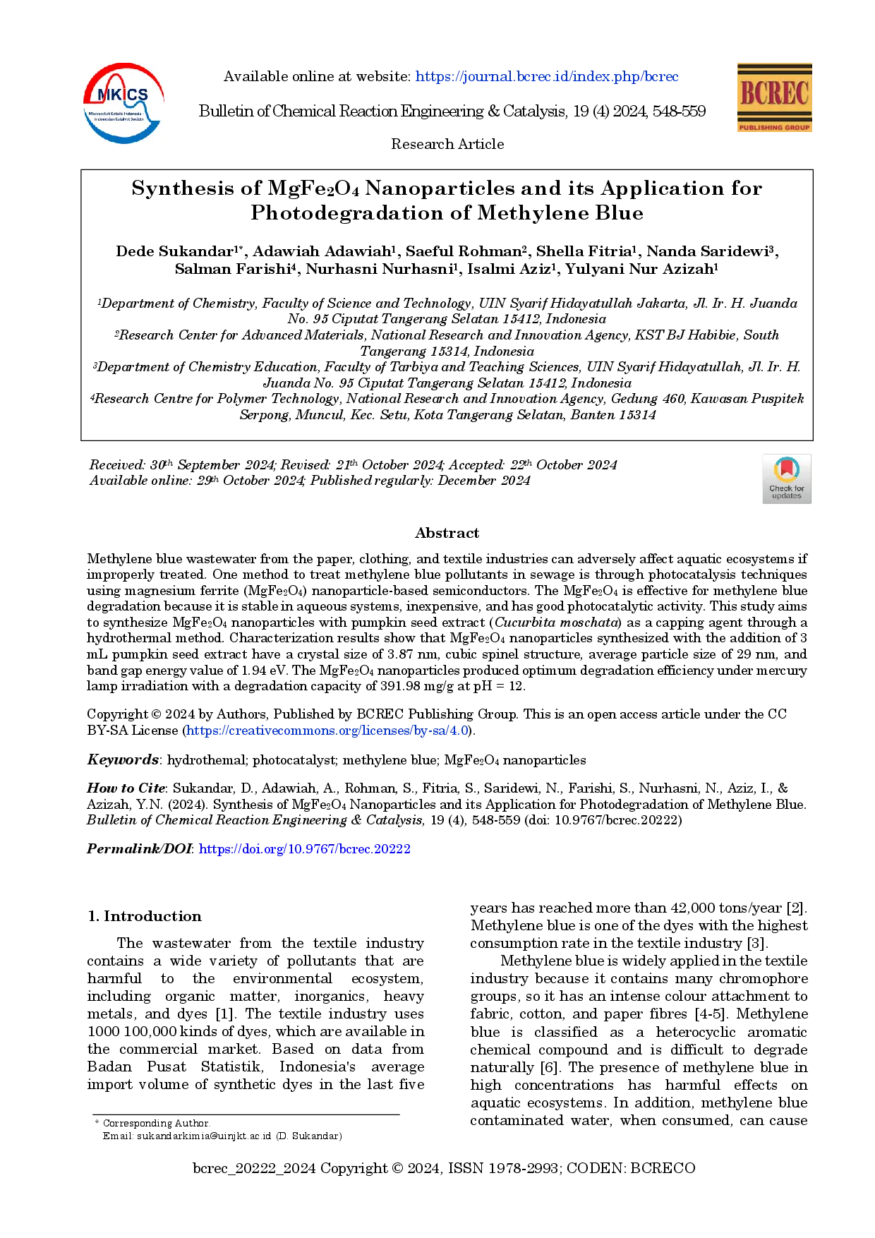 juris Synthesis Of MgFe2O4 Nanoparticles And Its Application For Photodegradation Of Methylene Blue