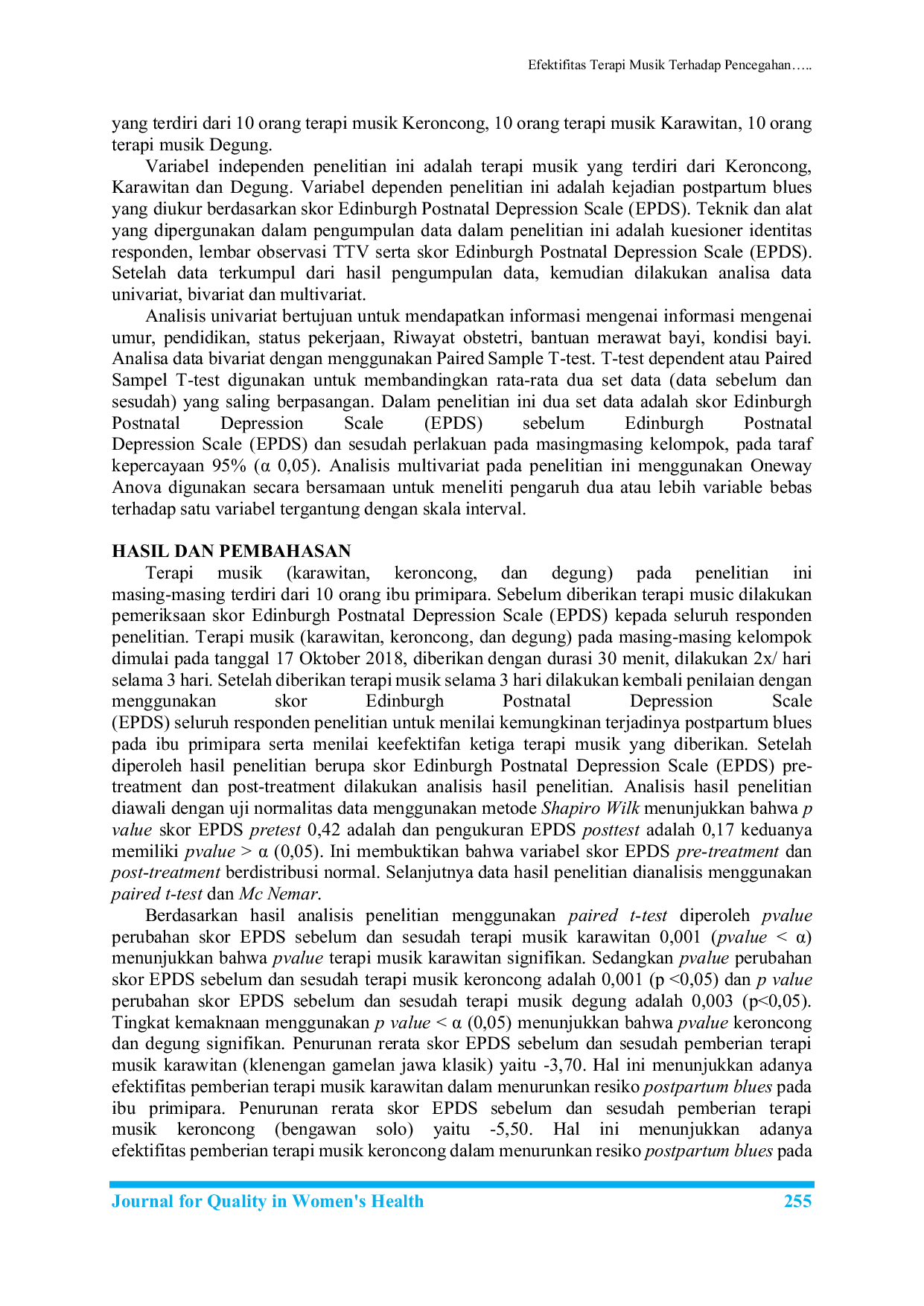 JURIS Efektifitas Terapi Musik Terhadap Pencegahan Postpartum Blues Pada Ibu Primipara