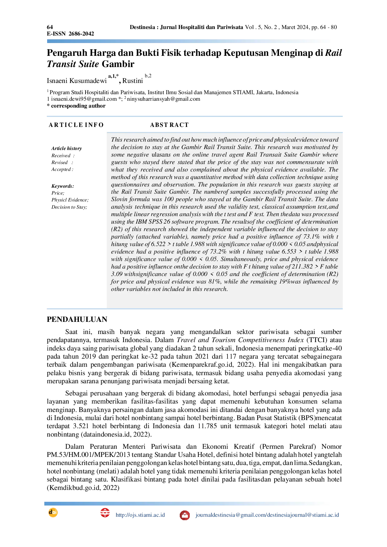 JURIS Pengaruh Harga Dan Bukti Fisik Terhadap Keputusan Menginap di Rail Transit Suite Gambir