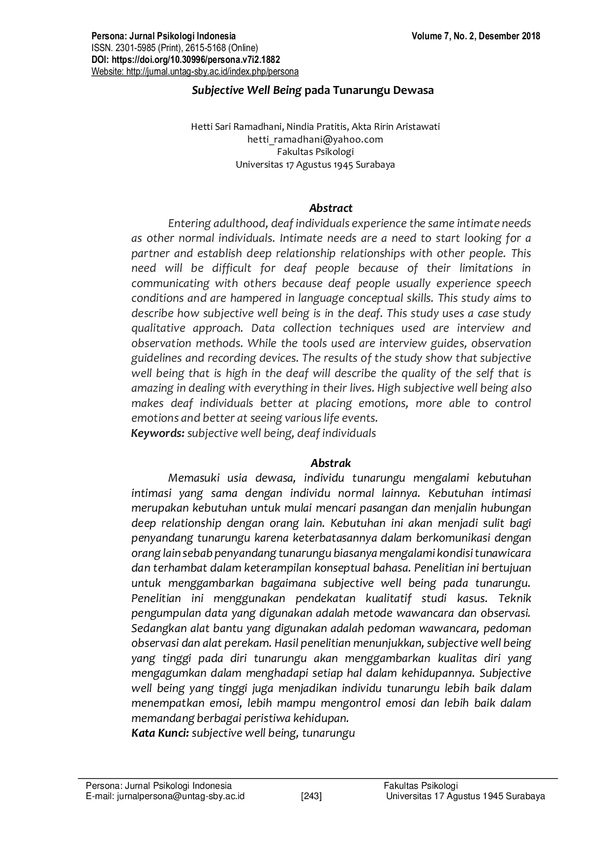 JURIS Retracted Subjective Well Being pada Tunarungu Dewasa