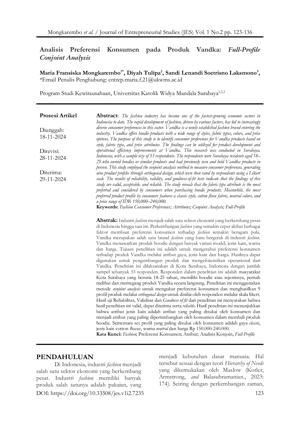 JURIS Analisis Preferensi Konsumen pada Produk Vandka Full Profile Conjoint Analysis