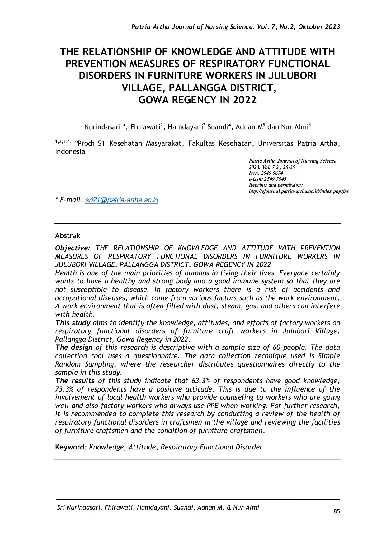 JURIS The Relationship of Knowledge and Attitude With Prevention Measures of Respiratory Functional Disorders in Furniture Workers in Julubori Village Pallangga District Gowa Regency in 2022