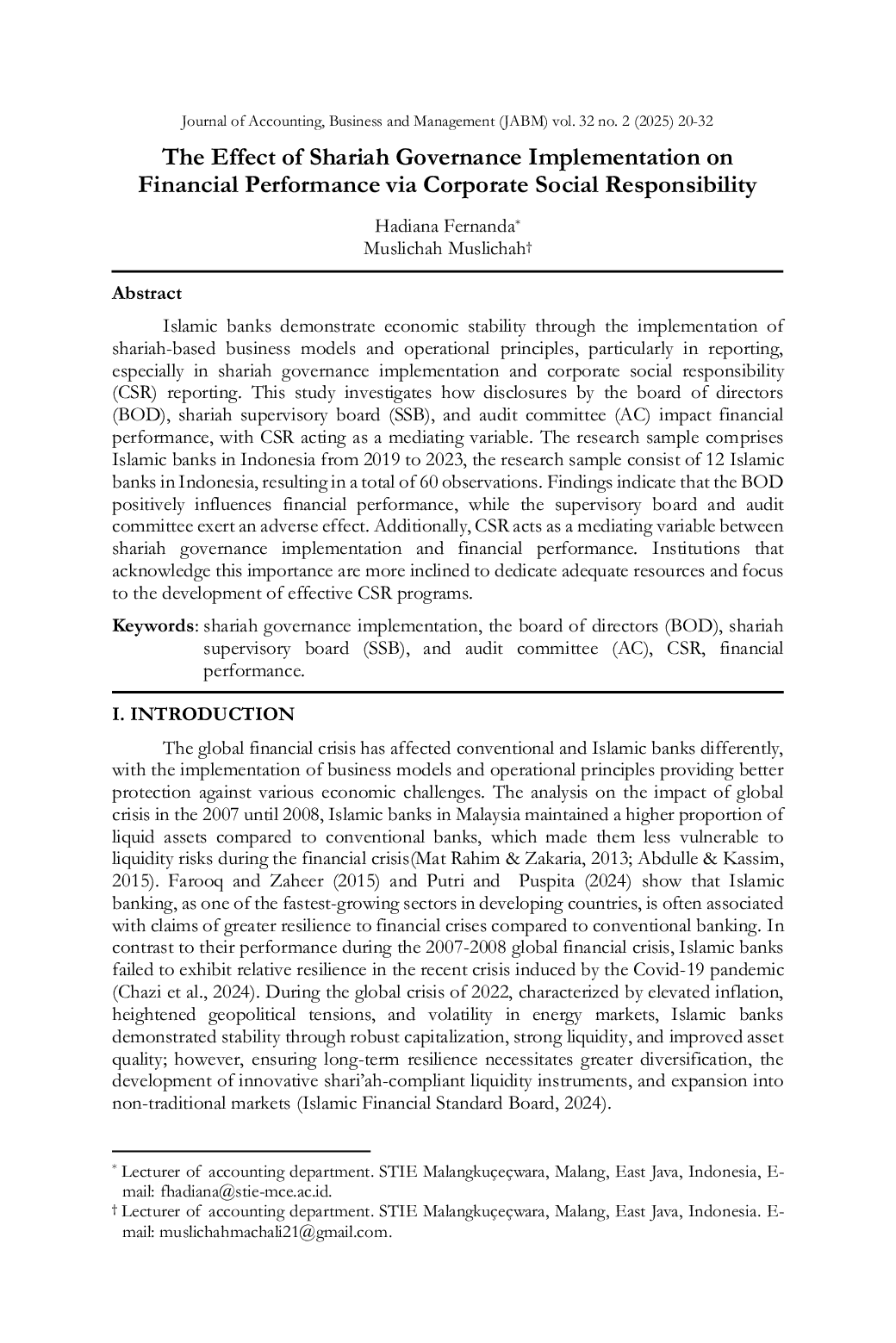 JURIS The Effect of Shariah Governance Implementation on Financial Performance via Corporate Social Responsibility