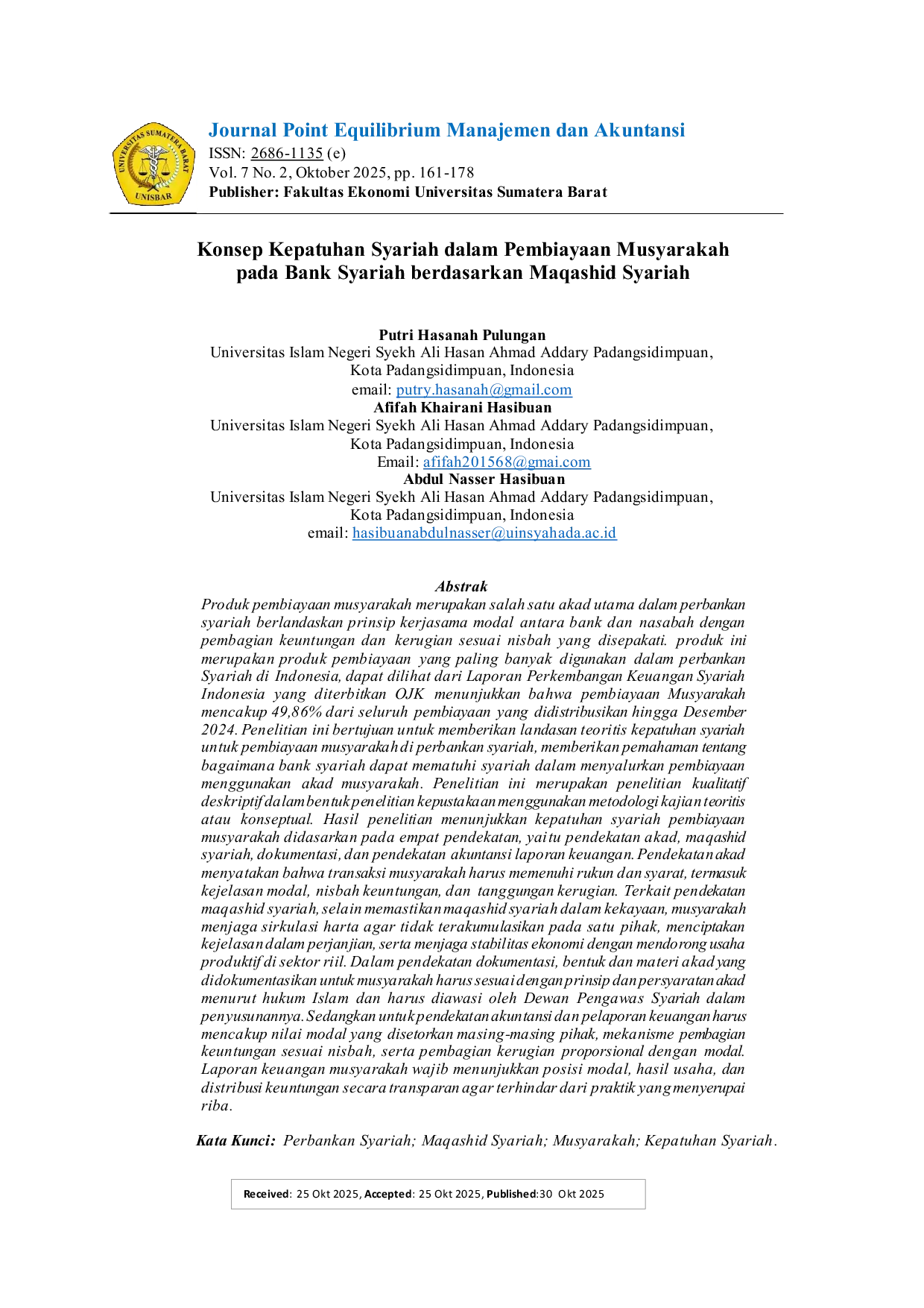 JURIS Konsep Kepatuhan Syariah dalam Pembiayaan Musyarakah pada Bank Syariah berdasarkan Maqashid Syariah