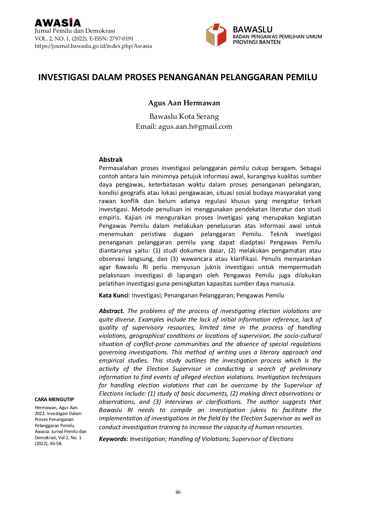 JURIS Investigasi Dalam Proses Penanganan Pelanggaran Pemilu