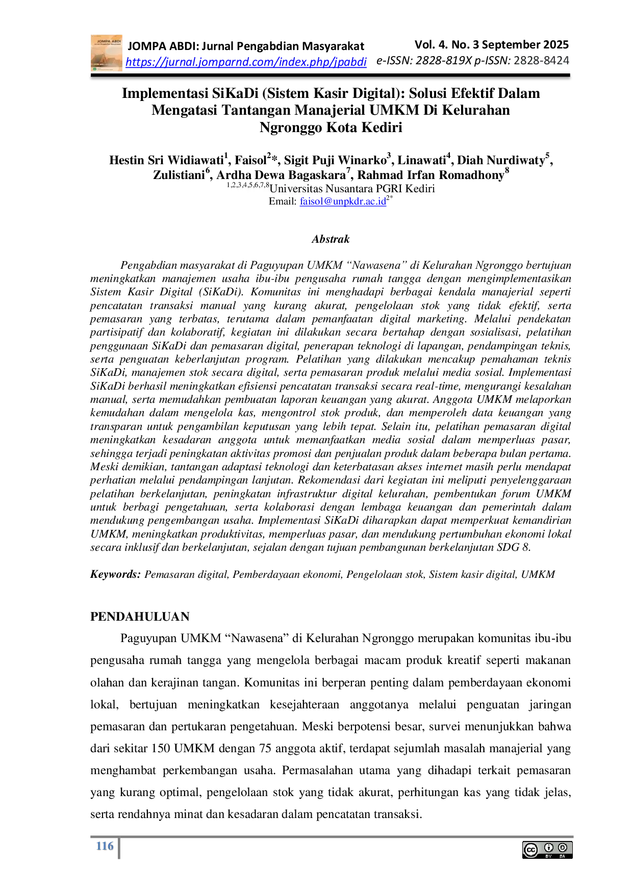 JURIS Implementasi SiKaDi Sistem Kasir Digital Solusi Efektif Dalam Mengatasi Tantangan Manajerial UMKM Di Kelurahan Ngronggo Kota Kediri