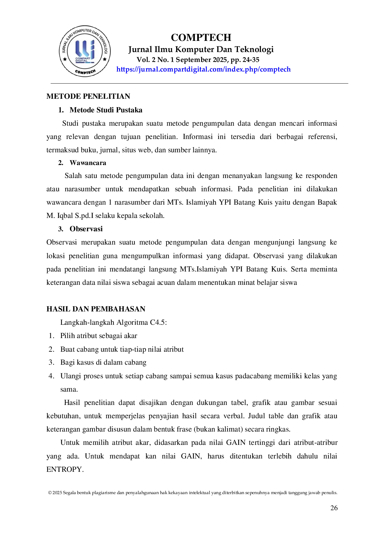 JURIS Penerapan Data Mining Untuk Prediksi Minat Belajar Siswa Menggunakan Algoritma C4 5