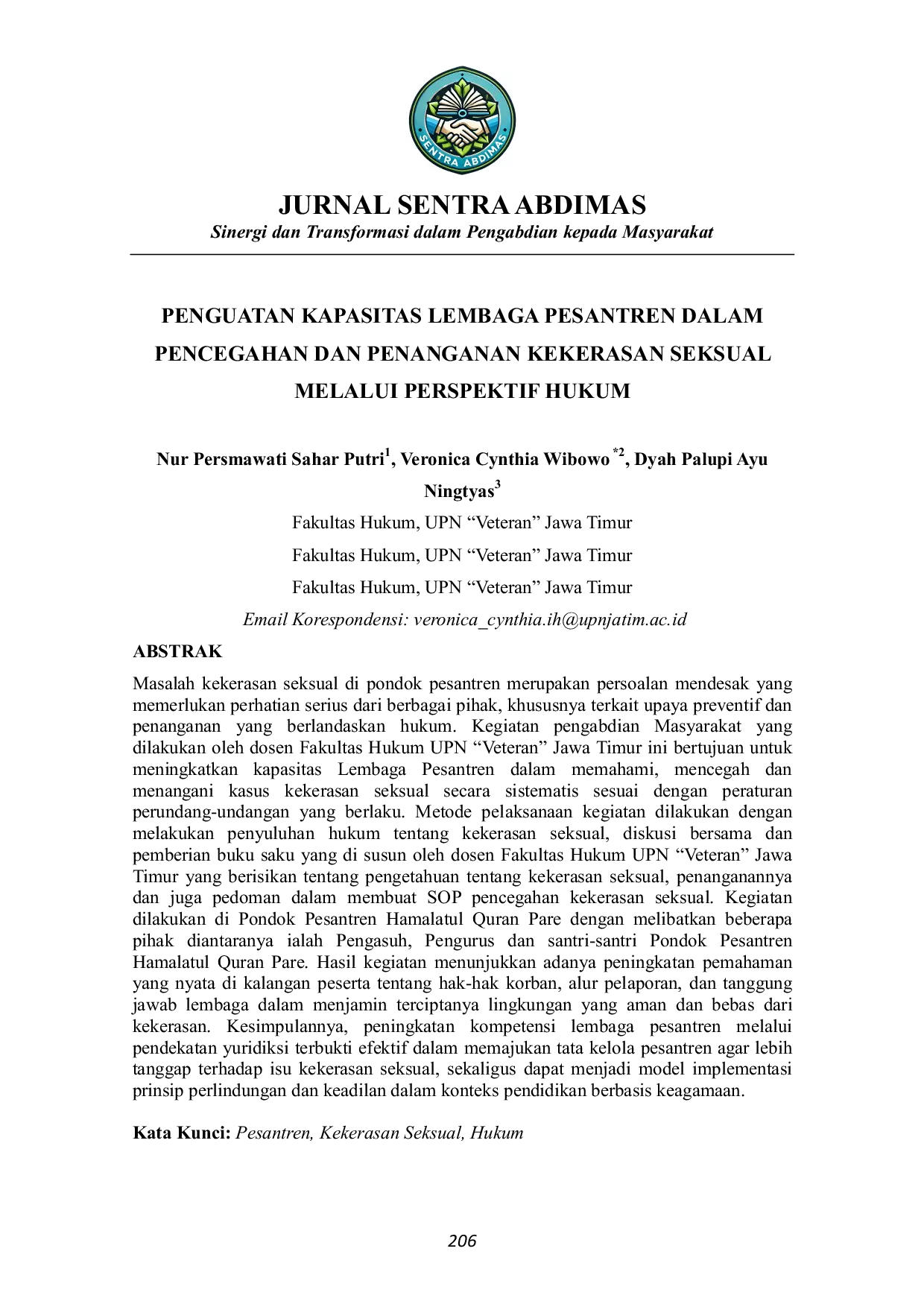 JURIS Penguatan Kapasitas Lembaga Pesantren Dalam Pencegahan Dan Penanganan Kekerasan Seksual Melalui Perspektif Hukum
