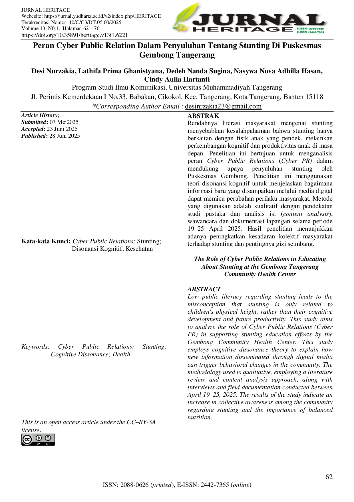 JURIS Peran Cyber Public Relation Dalam Penyuluhan Tentang Stunting Di Puskesmas Gembong Tangerang