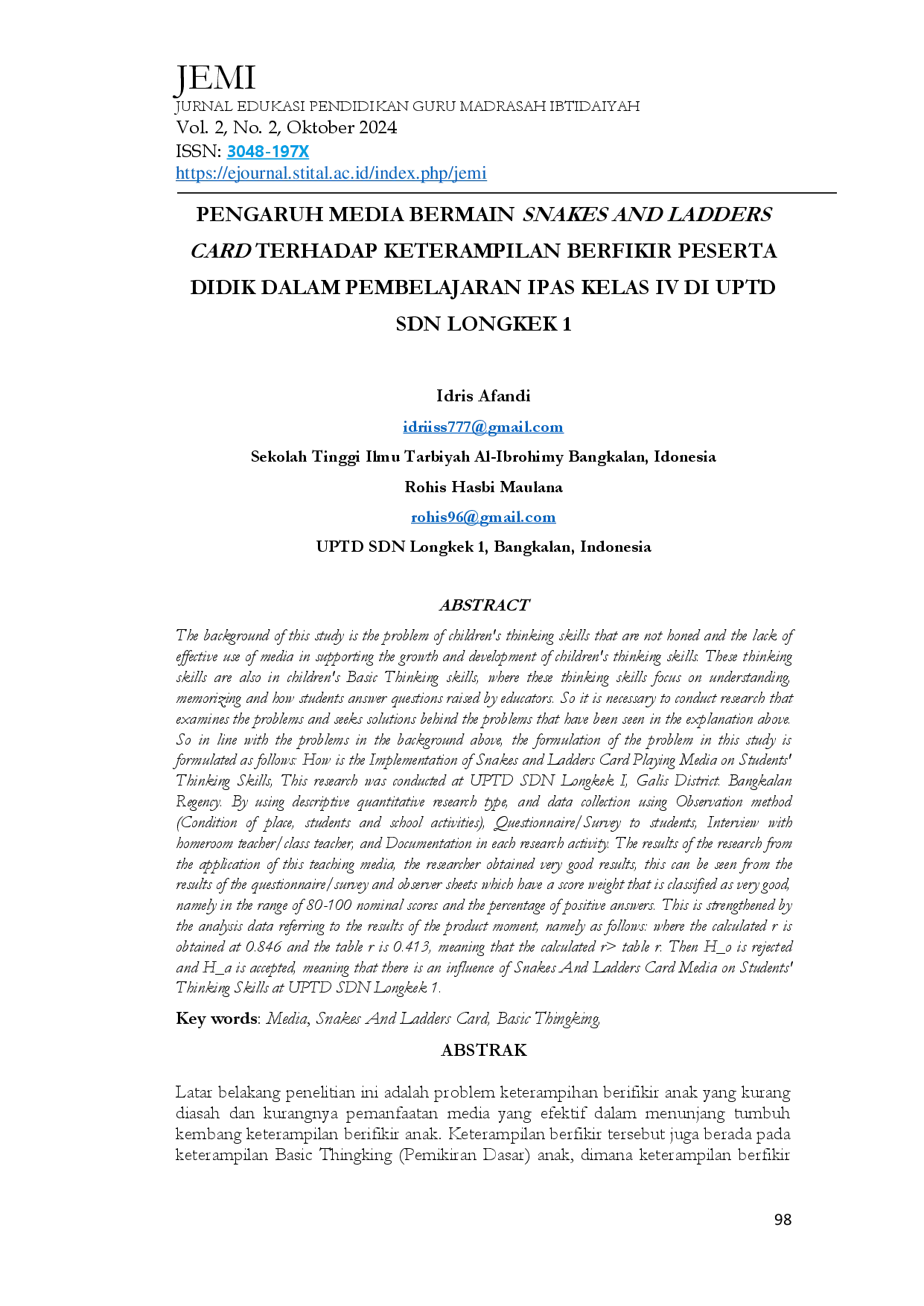 juris Pengaruh Media Bermain Snakes and Ladders Card terhadap Keterampilan Berfikir Peserta Didik dalam Pembelajaran IPAS Kelas IV di UPTD SDN Longkek 1