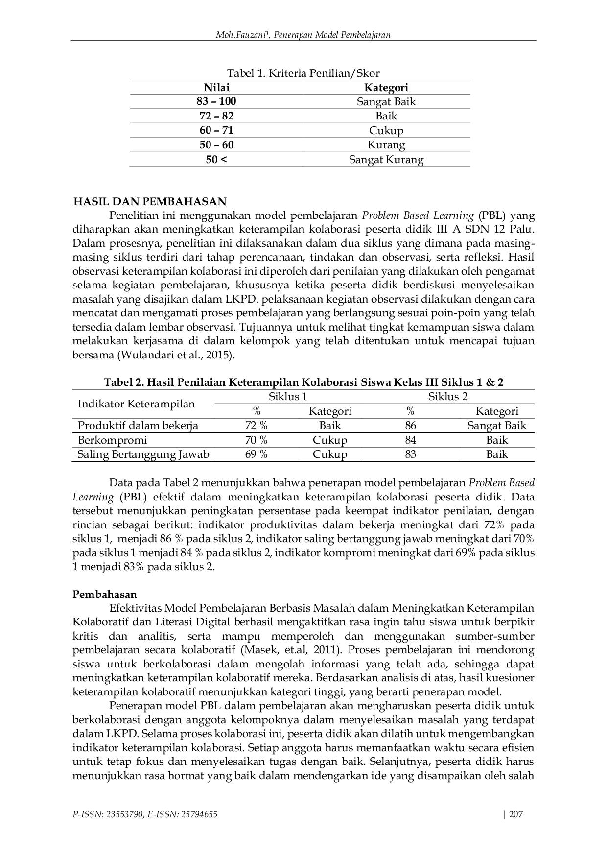 JURIS Penerapan Model Pembelajaran Problem Based Learning Untuk Meningkatkan Kolaborasi Siswa SD Negeri 12 Palu