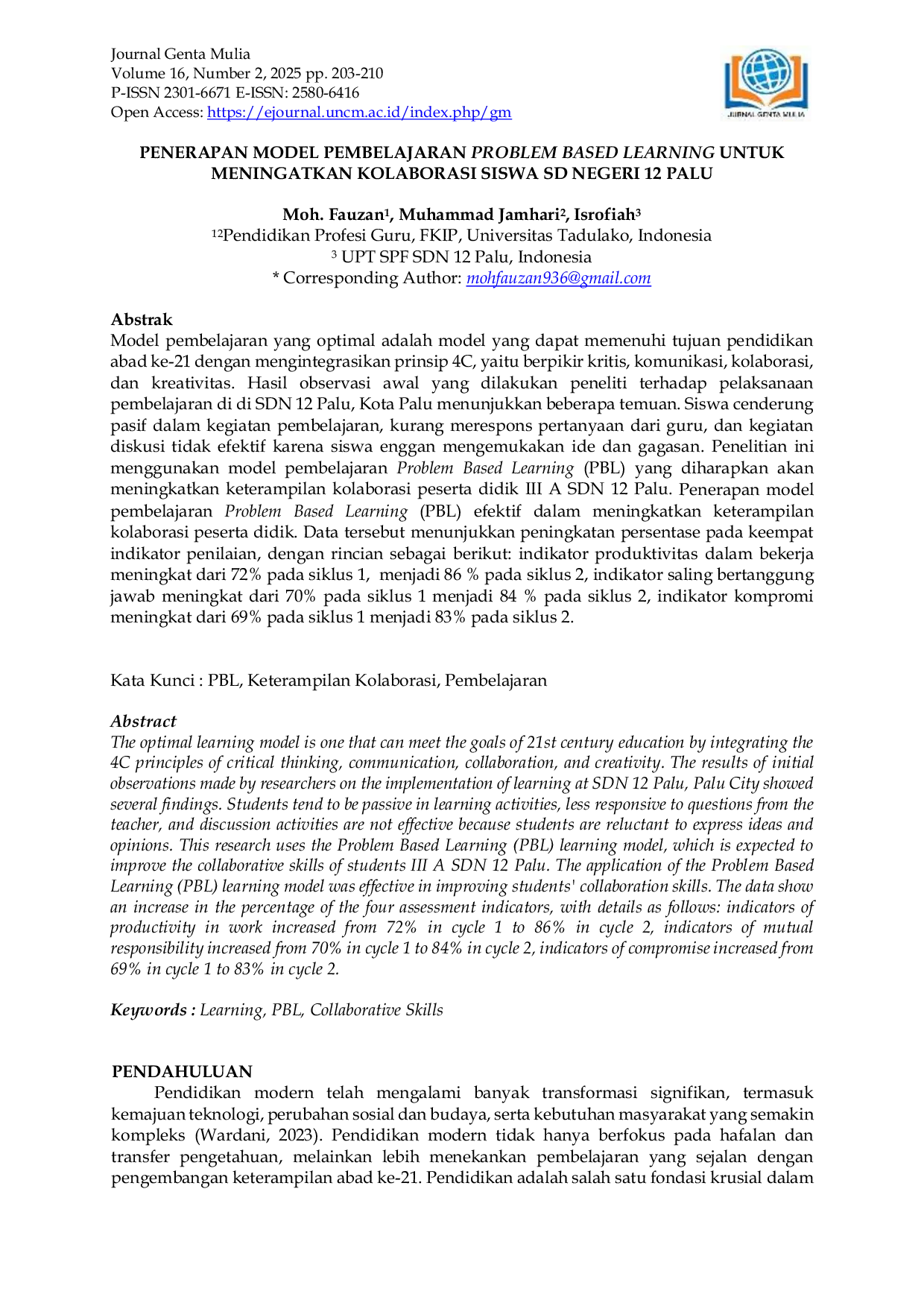 JURIS Penerapan Model Pembelajaran Problem Based Learning Untuk Meningkatkan Kolaborasi Siswa SD Negeri 12 Palu