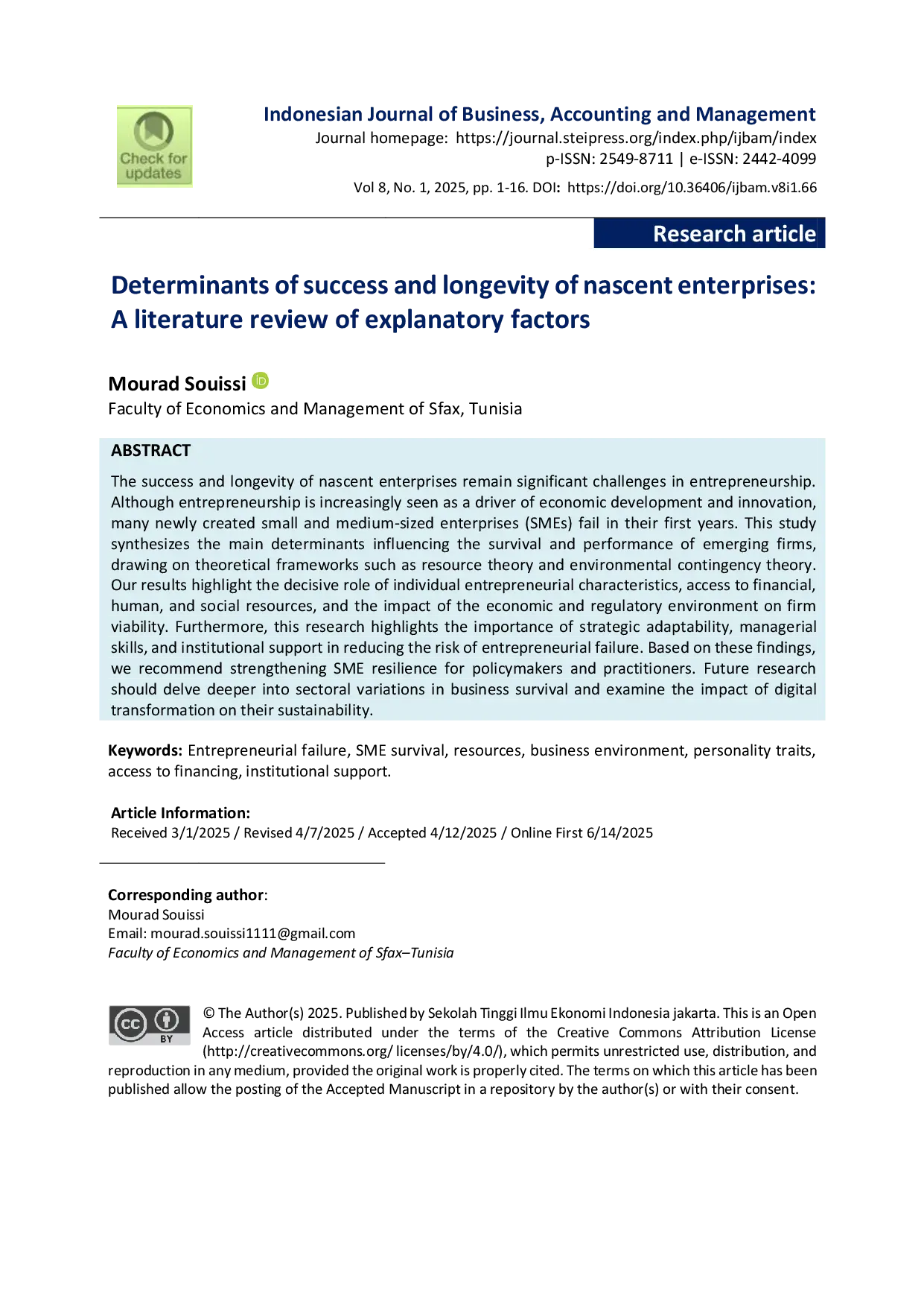 JURIS Determinants of success and longevity of nascent enterprises a literature review of explanatory factors