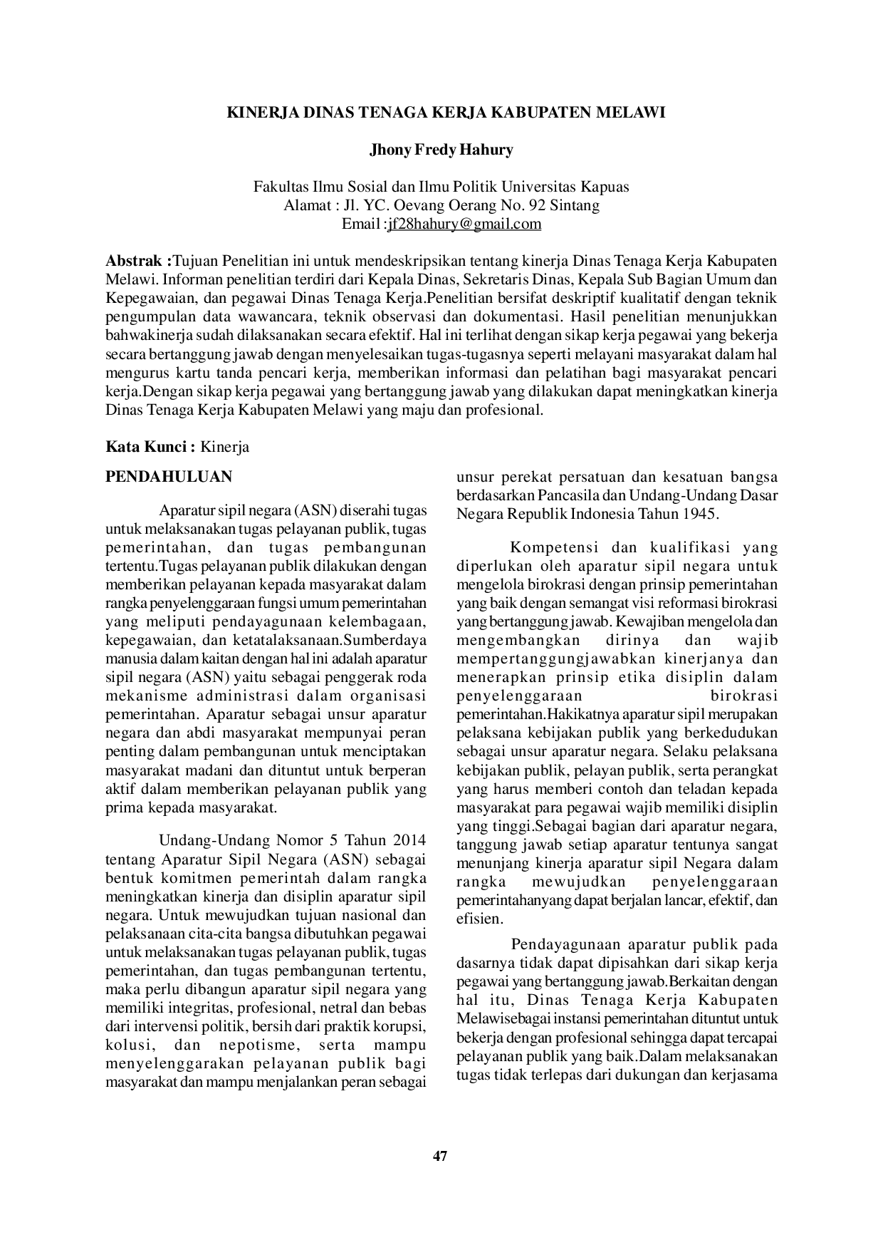 JURIS Kinerja Dinas Tenaga Kerja Kabupaten Melawi