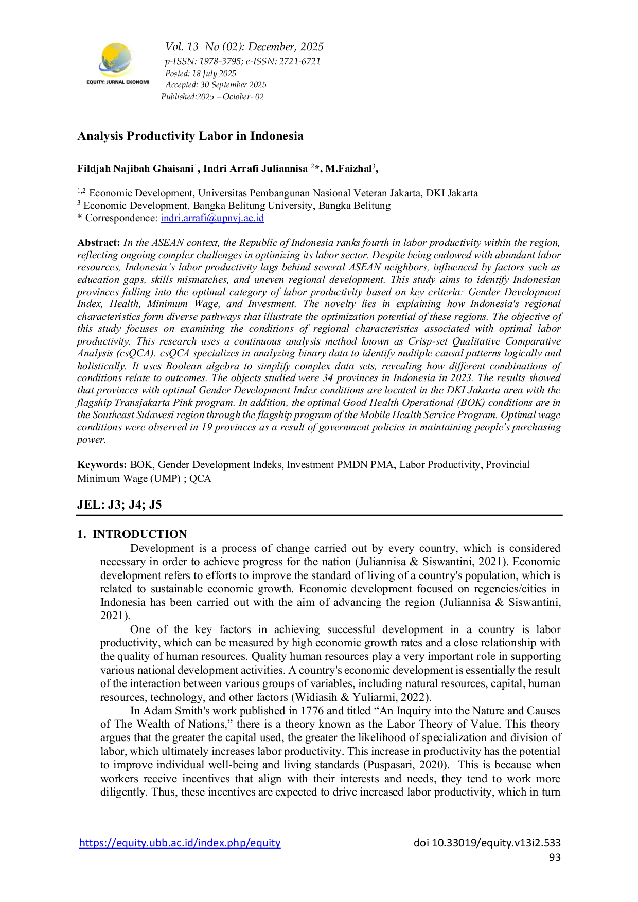 JURIS Analysis Productivity Labor in Indonesia