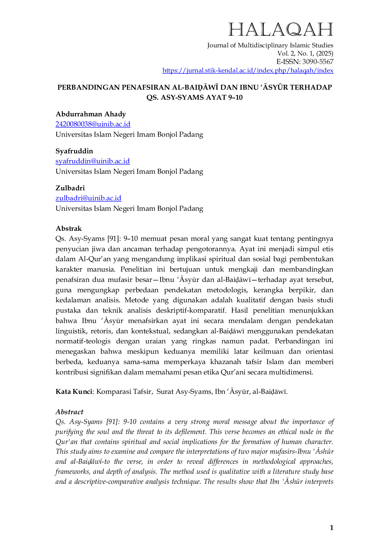 JURIS Perbandingan Penafsiran Al BaisAw Dan Ibnu Asyr Terhadap Qs Asy Syams Ayat 9 10