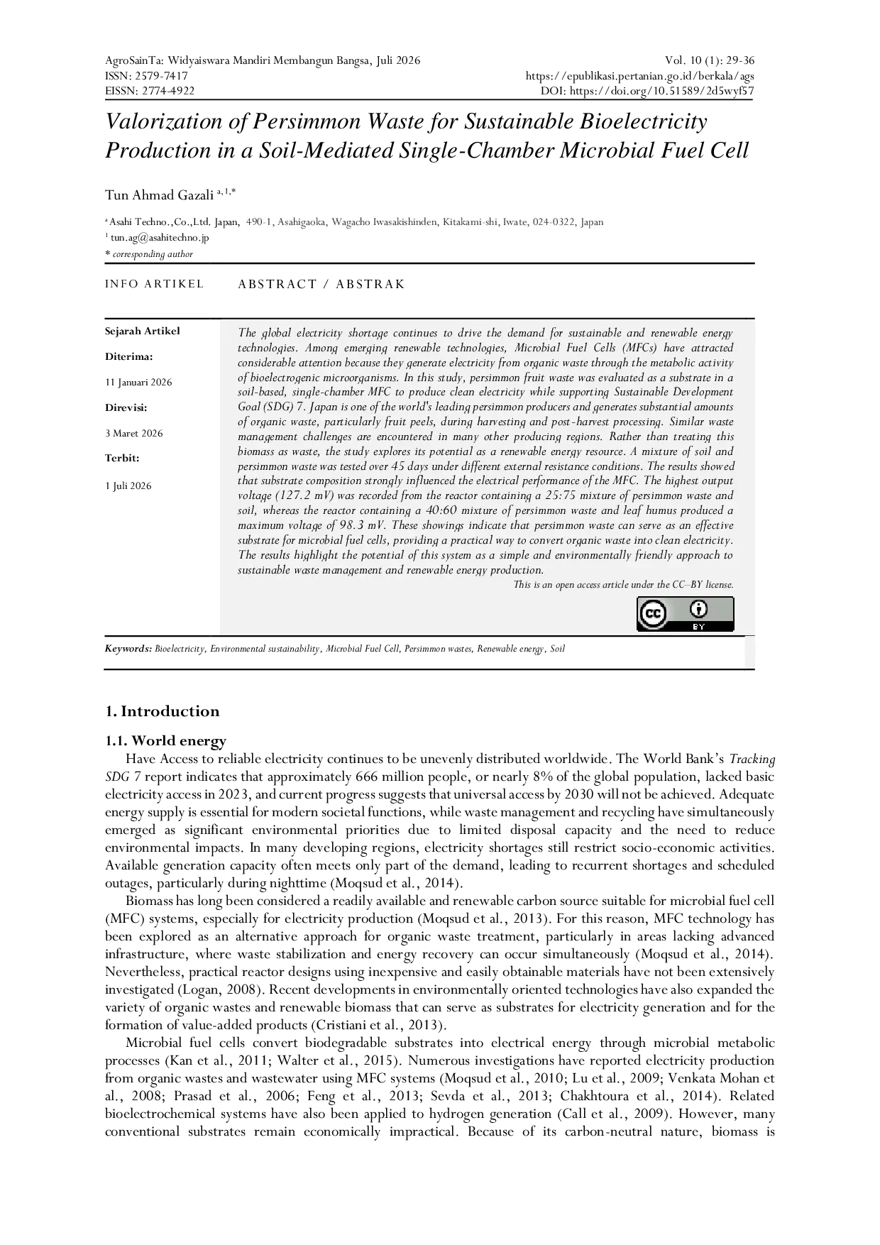 JURIS Valorization of Persimmon Waste for Sustainable Bioelectricity Production in a Soil Mediated Single Chamber Microbial Fuel Cell