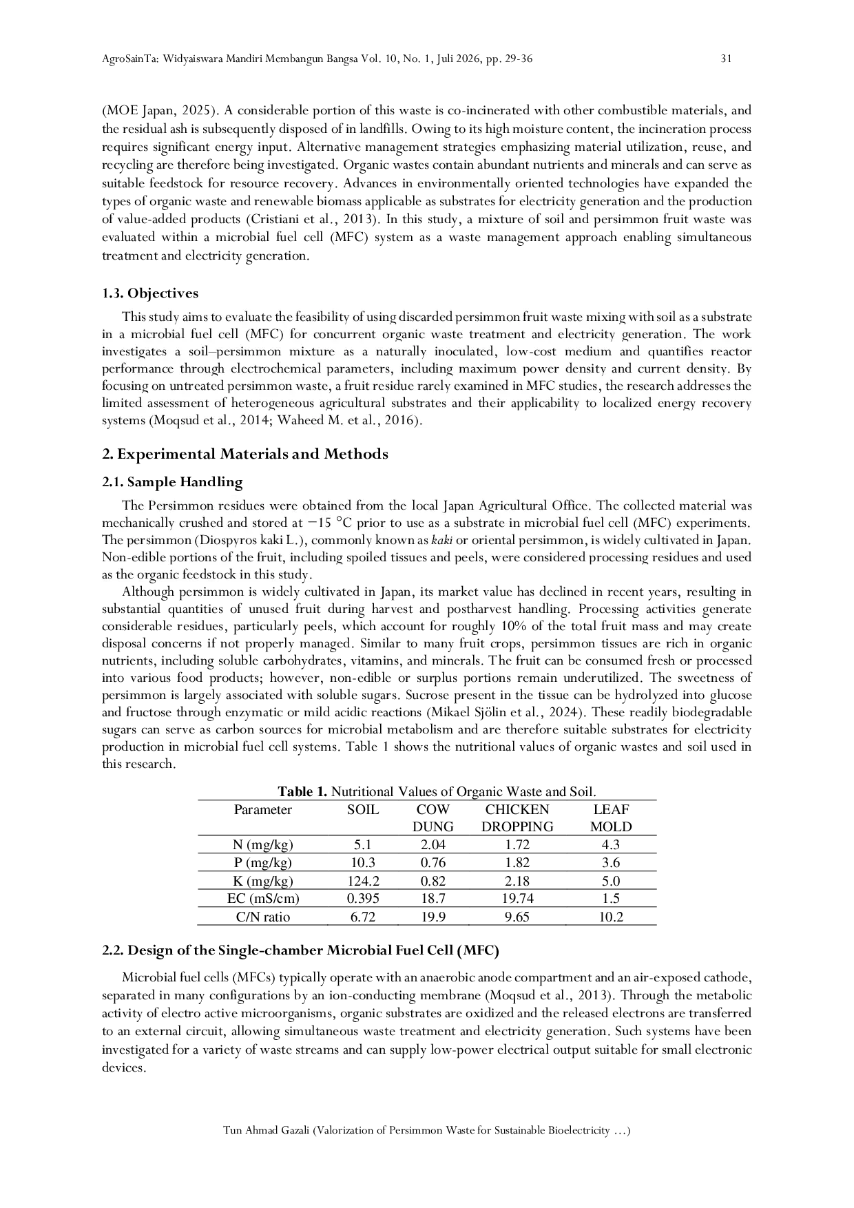 JURIS Valorization of Persimmon Waste for Sustainable Bioelectricity Production in a Soil Mediated Single Chamber Microbial Fuel Cell