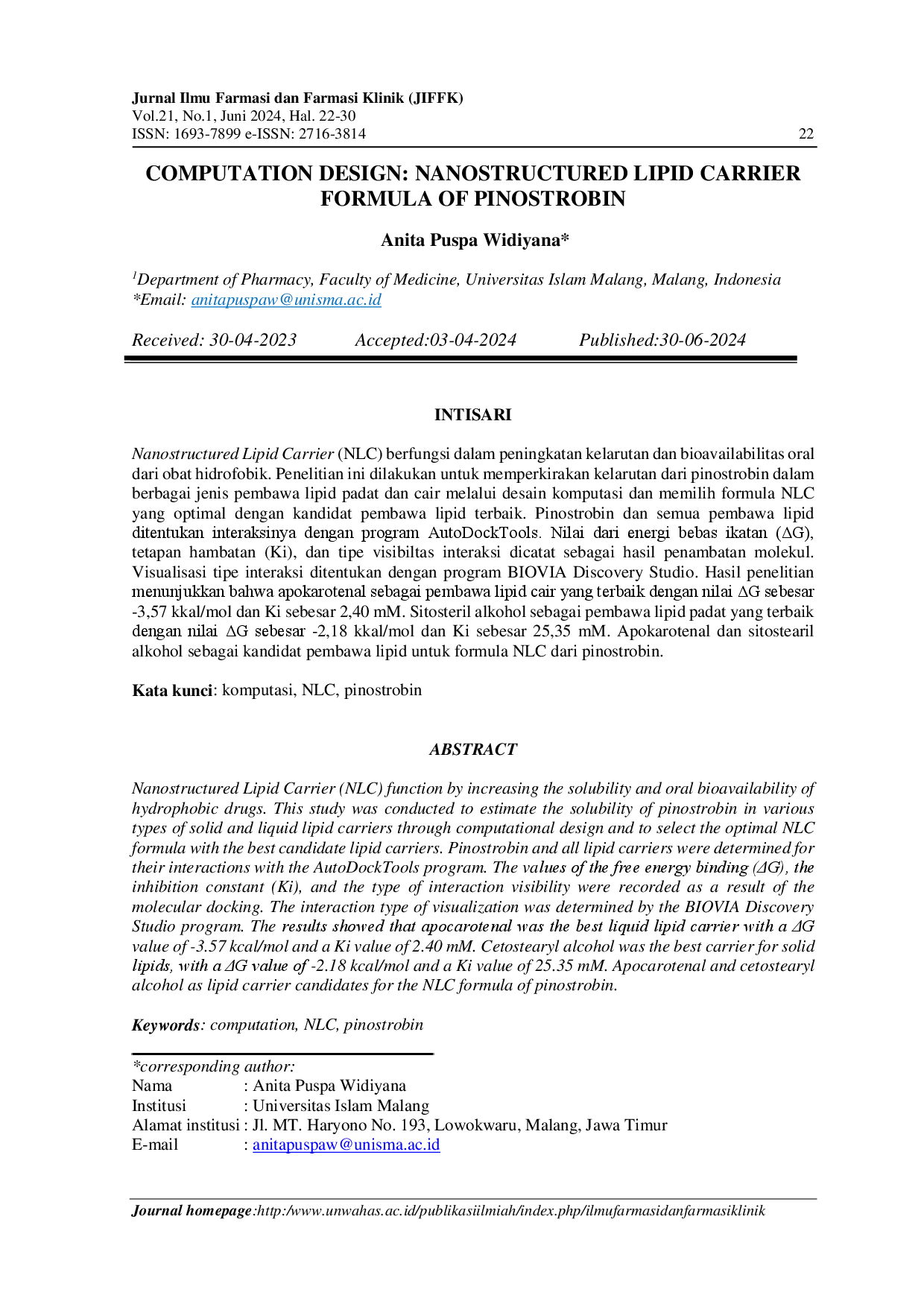 juris Computation Design Nanostructured Lipid Carrier Formula Of Pinostrobin