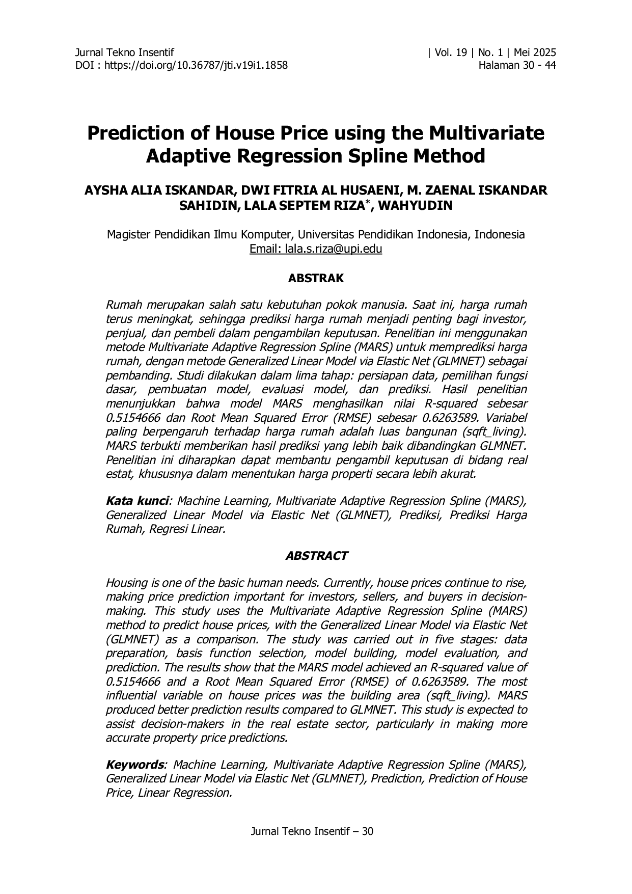 JURIS Prediction of House Price using the Multivariate Adaptive Regression Spline Method