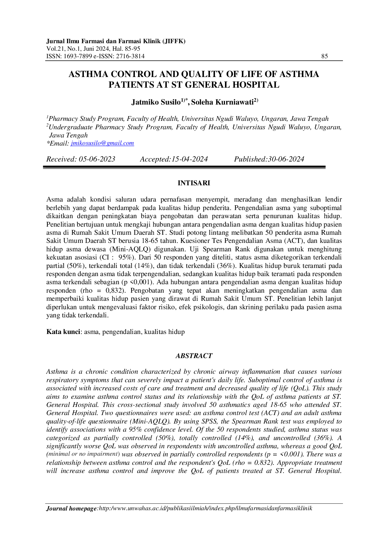 juris Asthma Control and Quality of Life of Asthma Patients at ST General Hospital