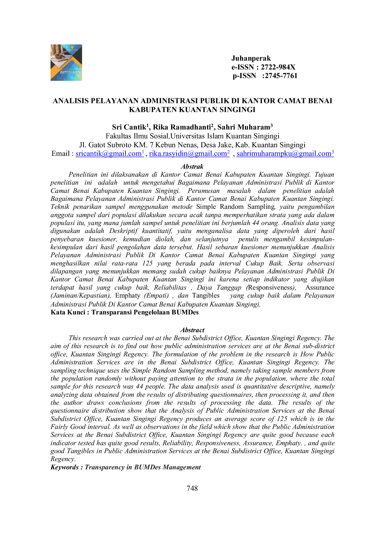 JURIS Analisis Pelayanan Administrasi Publik Di Kantor Camat Benai Kabupaten Kuantan Singingi