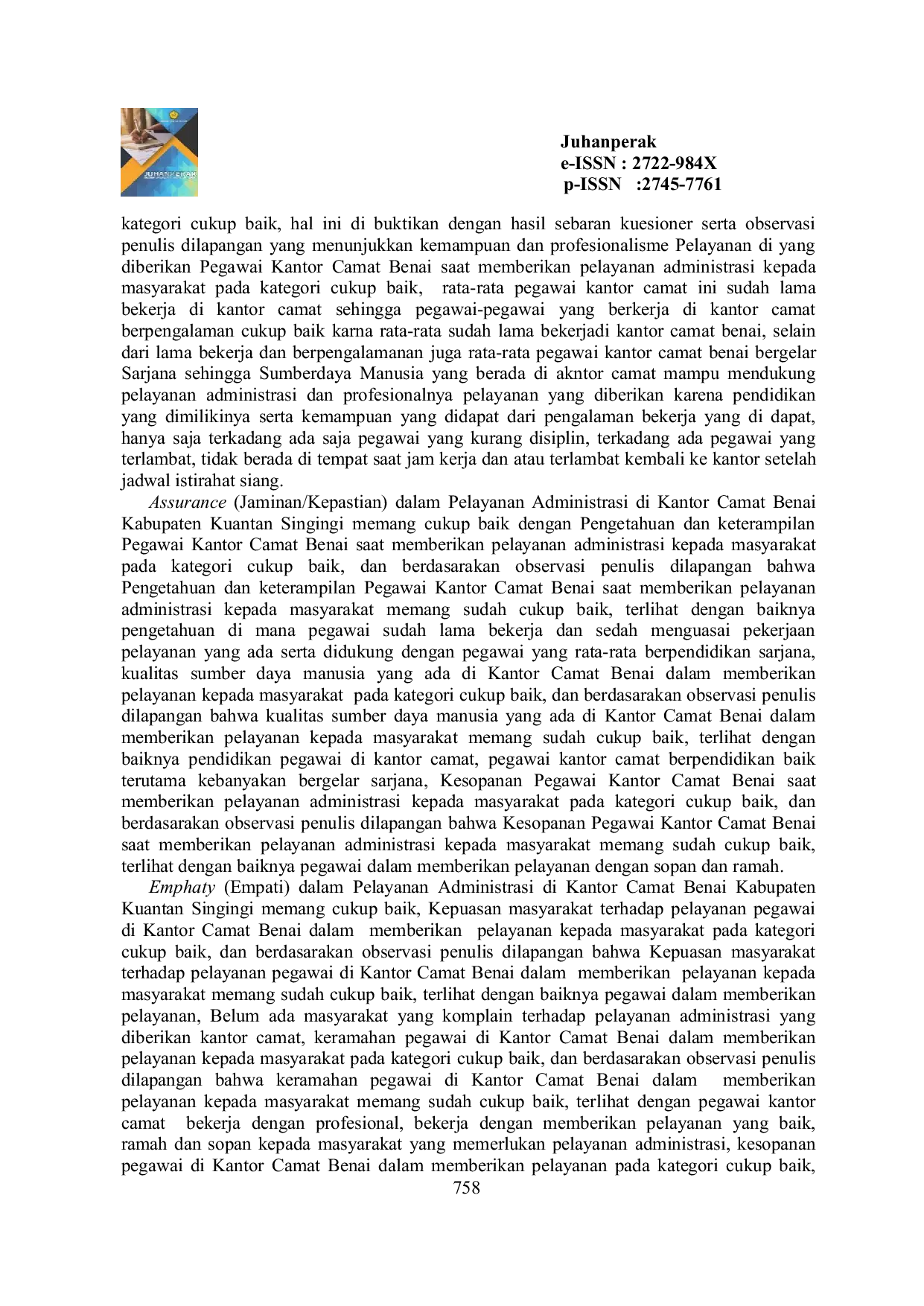 JURIS Analisis Pelayanan Administrasi Publik Di Kantor Camat Benai Kabupaten Kuantan Singingi