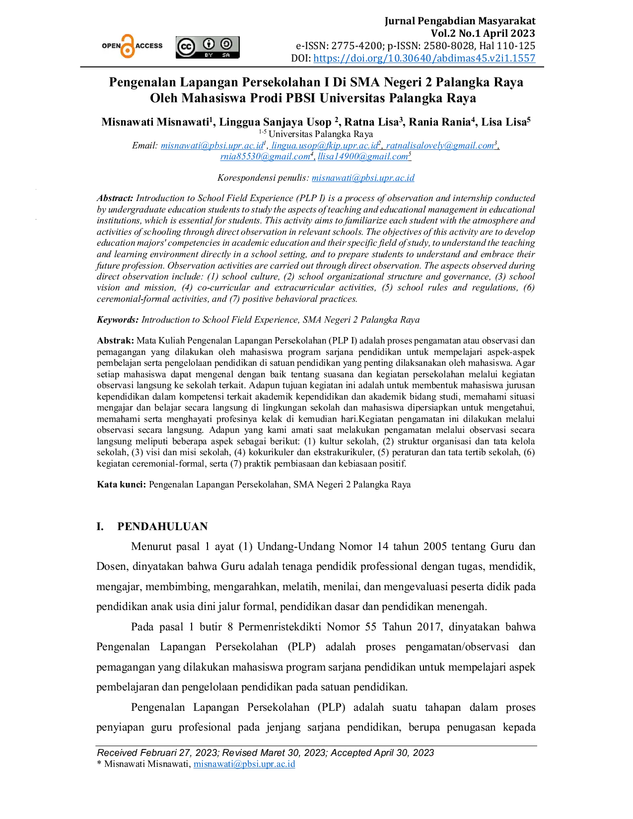 JURIS Pengenalan Lapangan Persekolahan I Di SMA Negeri 2 Palangka Raya