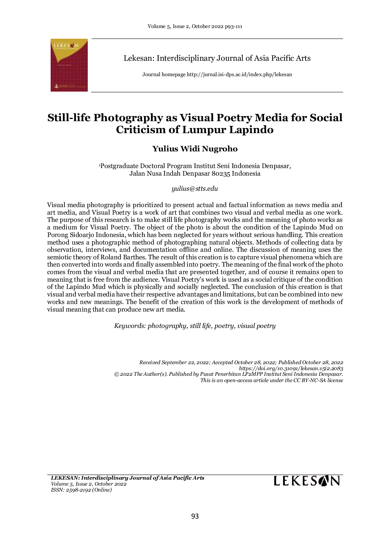 JURIS Still life Photography as Visual Poetry Media for Social Criticism of Lumpur Lapindo