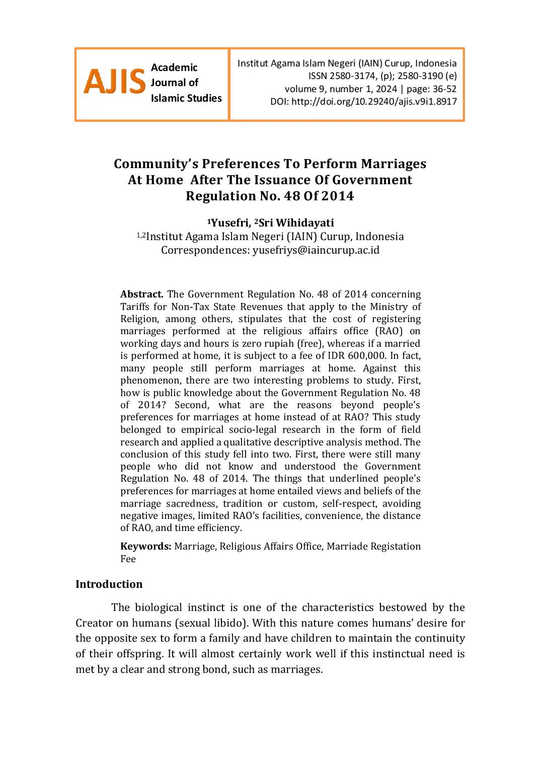 JURIS Community Preferences to Perform Marriages at Home After The Issuance of Government Regulation No 48 Of 2014