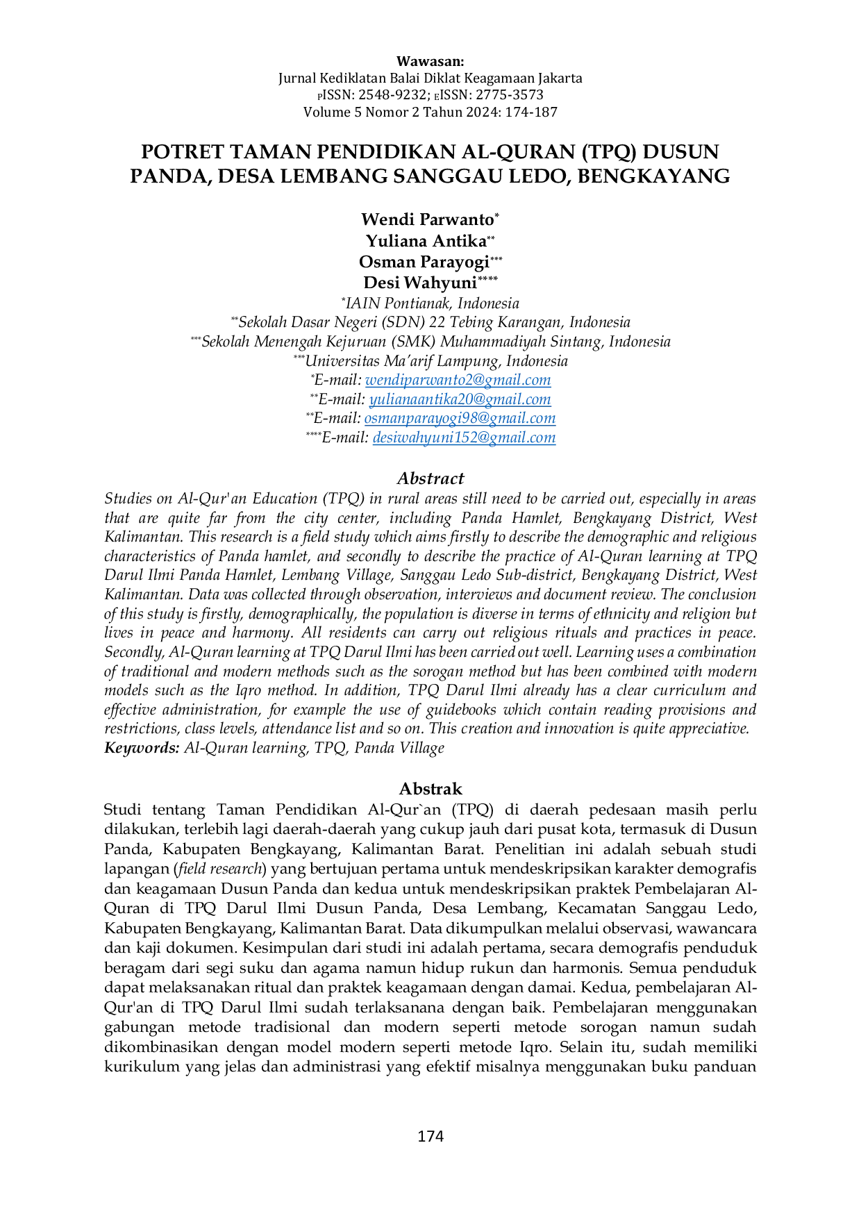 JURIS Potret Taman Pendidikan Al Qur an TPQ Dusun Panda Desa Lembang Sanggau Ledo Bengkayang