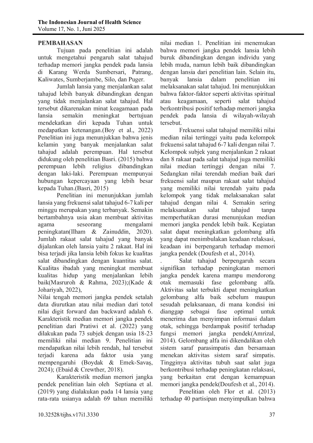 JURIS Pengaruh Salat Tahajud terhadap Memori Jangka Pendek pada Lanjut Usia di Forum Komunikasi Karang Werda Kabupaten Jember