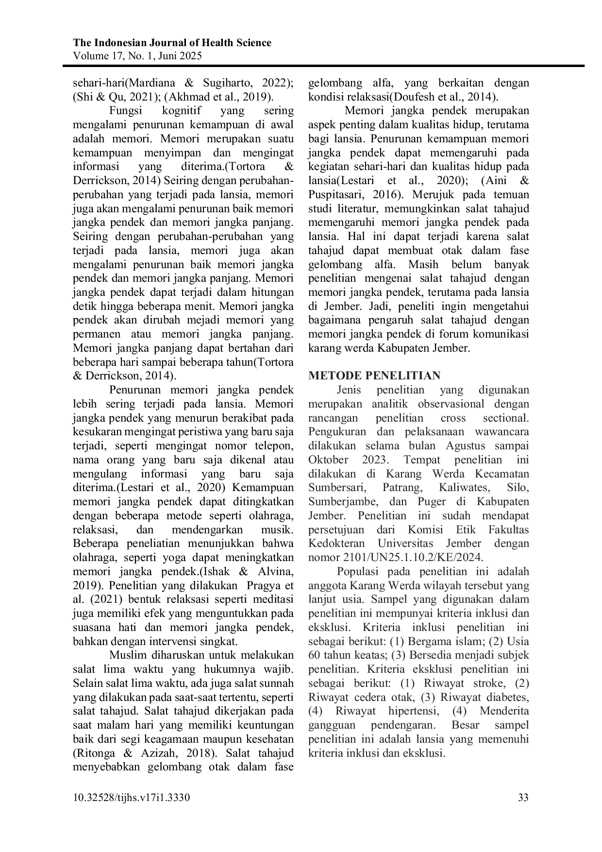 JURIS Pengaruh Salat Tahajud terhadap Memori Jangka Pendek pada Lanjut Usia di Forum Komunikasi Karang Werda Kabupaten Jember
