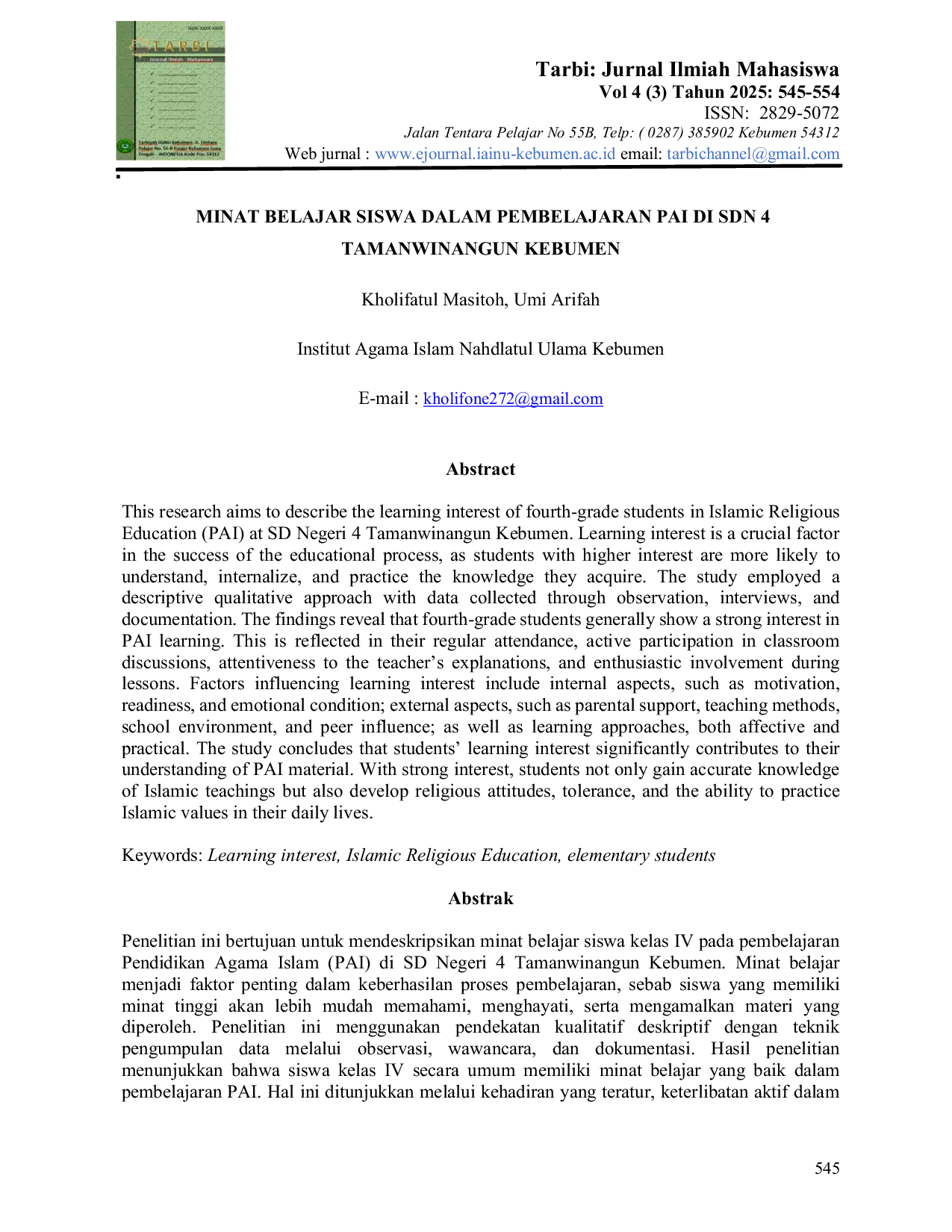JURIS Minat Belajar Siswa Dalam Pembelajaran PAI di SDN 4 Tamanwinangun Kebumen