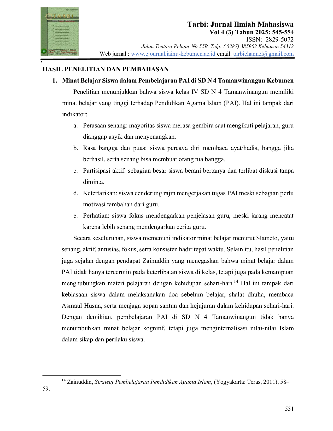 JURIS Minat Belajar Siswa Dalam Pembelajaran PAI di SDN 4 Tamanwinangun Kebumen