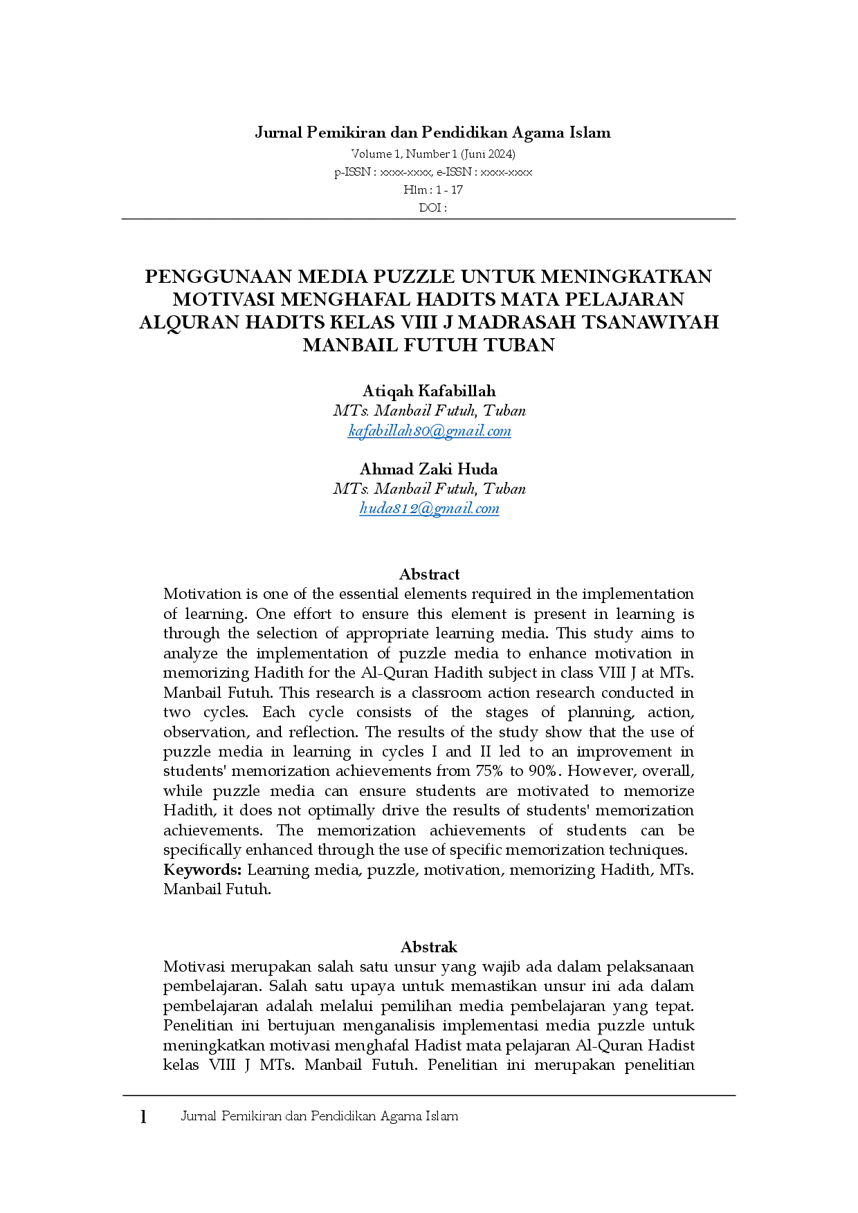 juris Penggunaan Media Puzzle untuk Meningkatkan Motivasi Menghafal Hadits Mata Pelajaran al Quran Hadits Kelas VIII J Madrasah Tsanawiyah Manbail Futuh Tuban