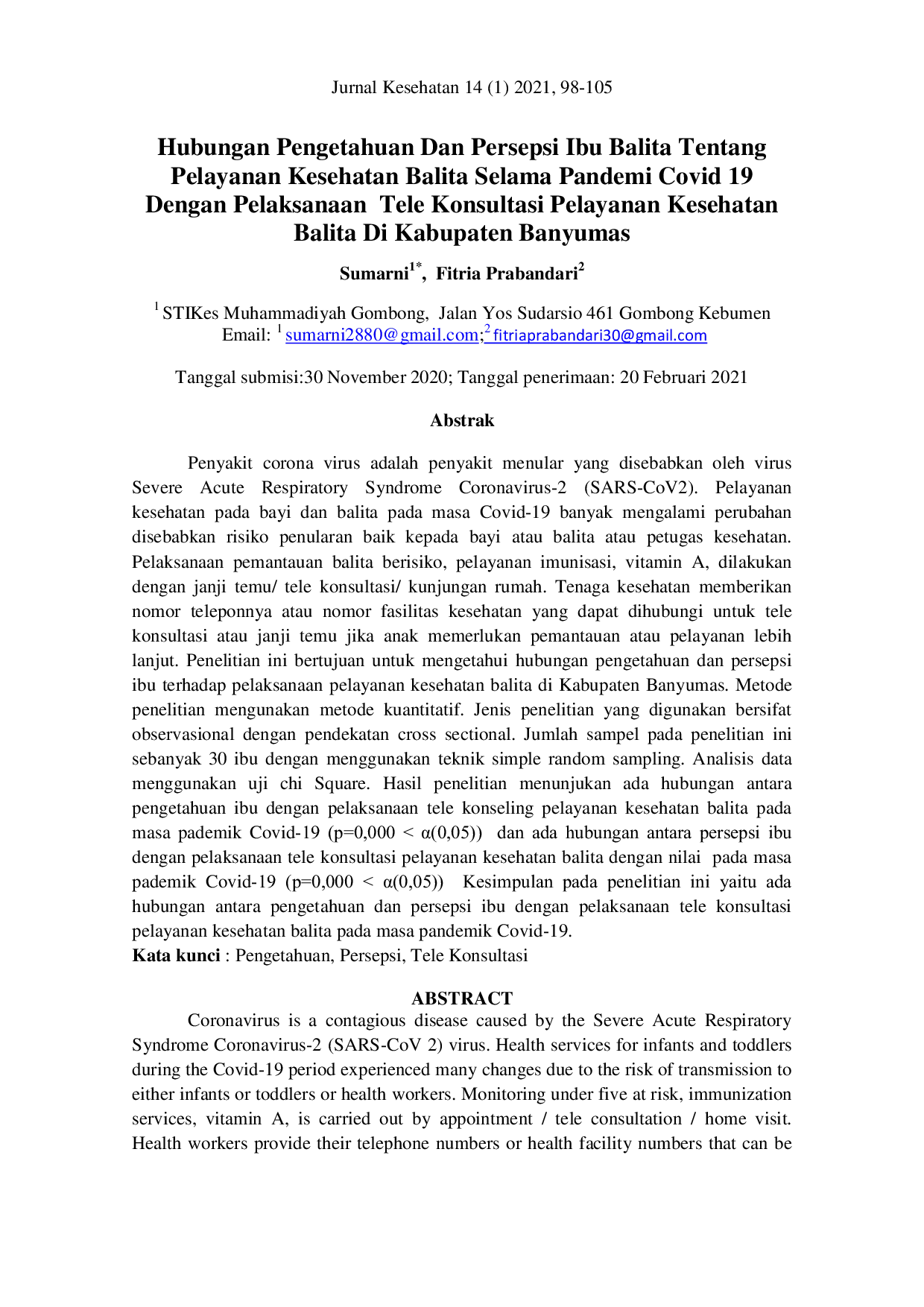 JURIS Hubungan Pengetahuan Dan Persepsi Ibu Balita Tentang Pelayanan Kesehatan Balita Selama Pandemi Covid 19 Dengan Pelaksanaan Tele Konsultasi Pelayanan Kesehatan Balita Di Kabupaten Banyumas