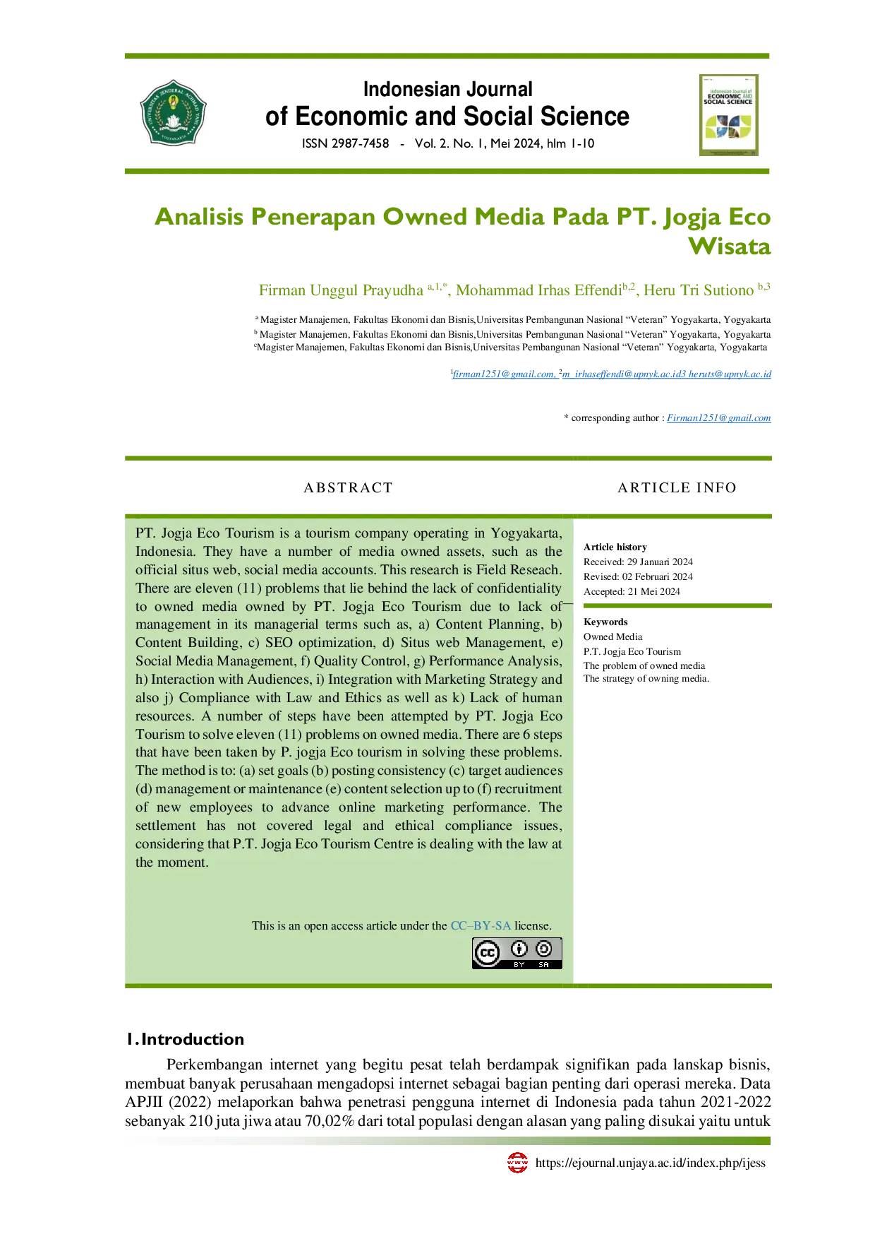 JURIS Analisis Penerapan Owned Media pada PT Jogja Eco Wisata